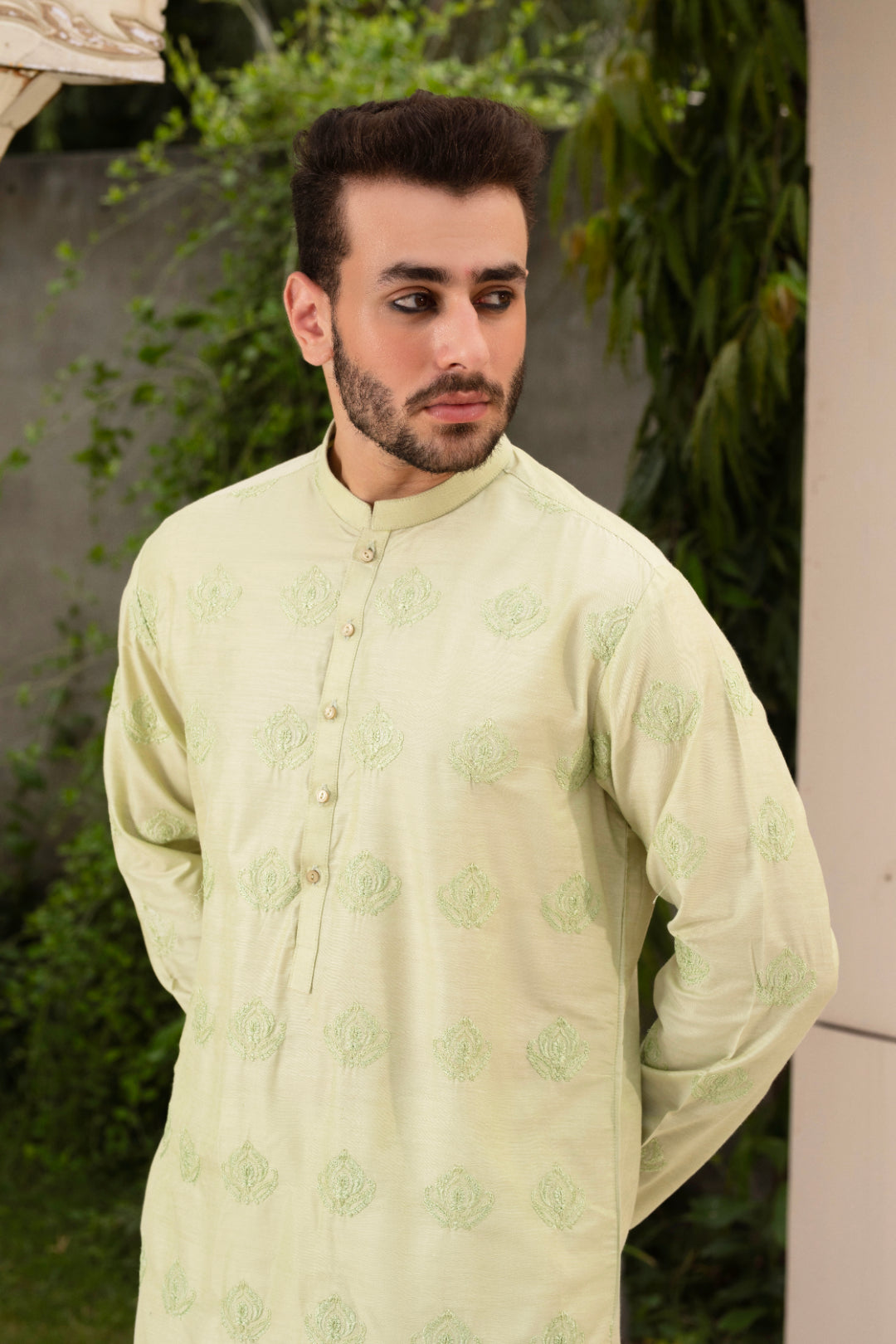 Light Green Embroidered Cotton Silk Kurta Pajama (2-Piece) - Image 4