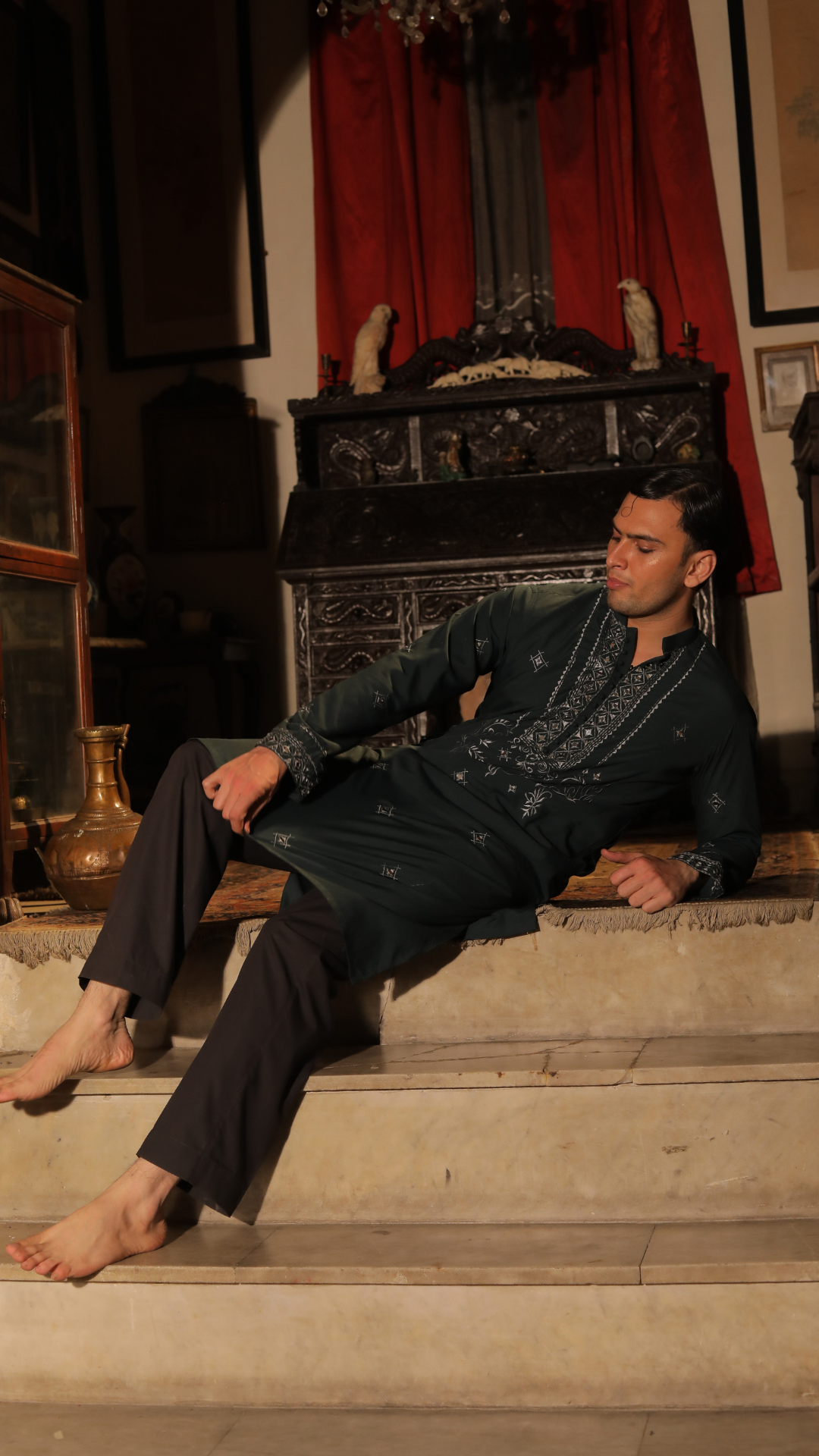 Deep Green Mirror Work Cotton-Silk Kurta (2-Piece) - Image 1