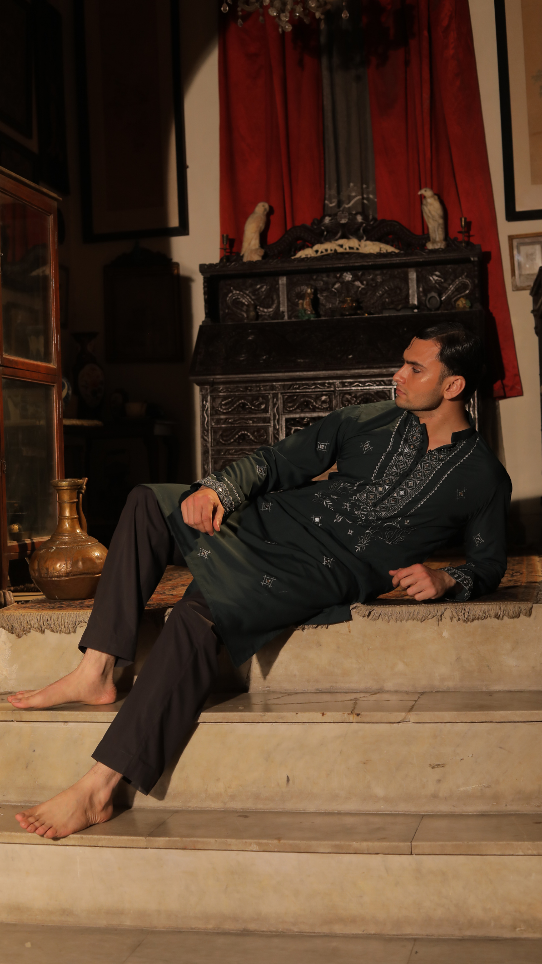 Deep Green Mirror Work Cotton-Silk Kurta (2-Piece) - Image 3