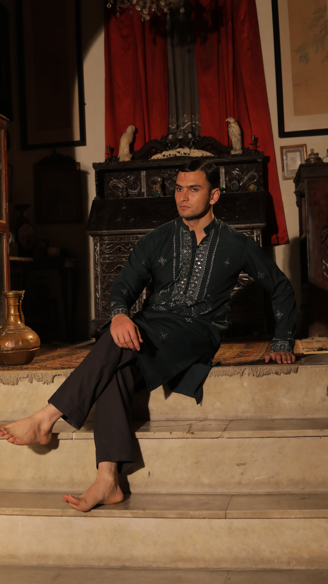 Deep Green Mirror Work Cotton-Silk Kurta (2-Piece) - Image 4