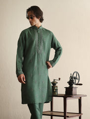Medium Green Hand-Embroidered Cotton-Silk Kurta (2-Piece) - Image 2