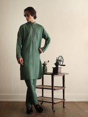 Medium Green Hand-Embroidered Cotton-Silk Kurta (2-Piece) - Image 3