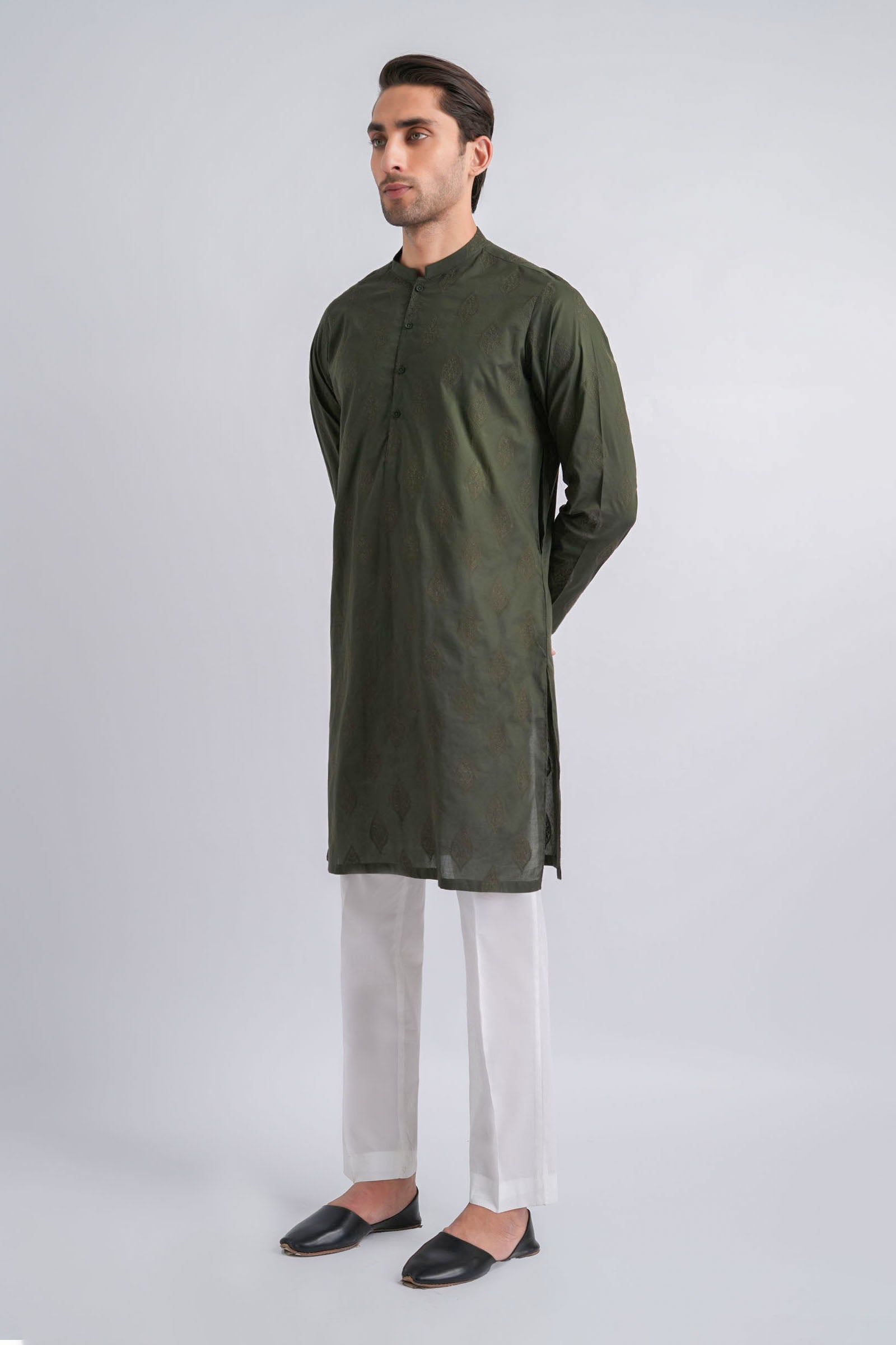 Olive Green Embroidered Egyptian Cotton Kurta (2-Piece) - Image 1