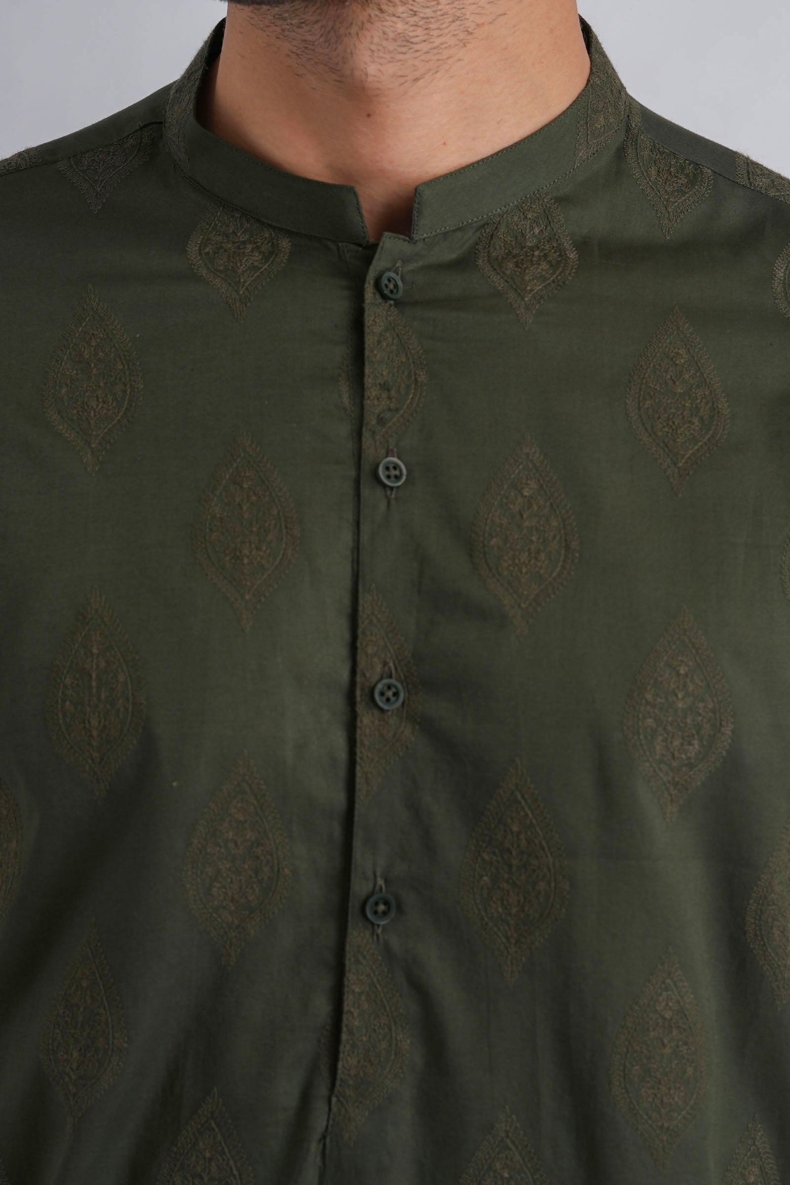 Olive Green Embroidered Egyptian Cotton Kurta (2-Piece) - Image 2