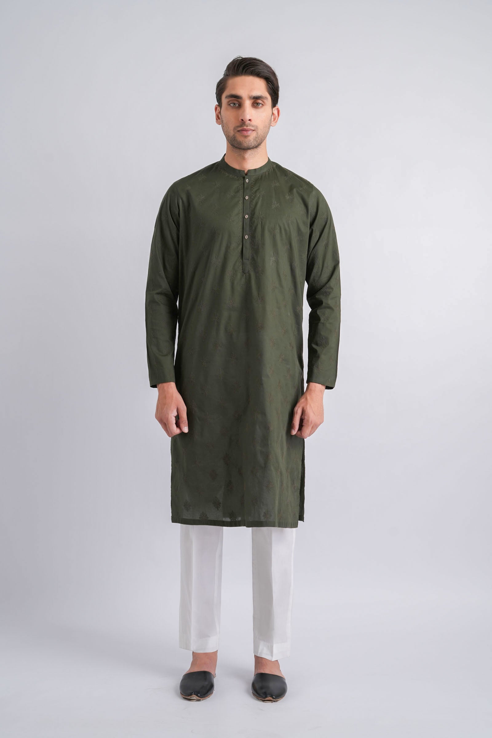 Olive Green Embroidered Egyptian Cotton Kurta (2-Piece) - Image 3