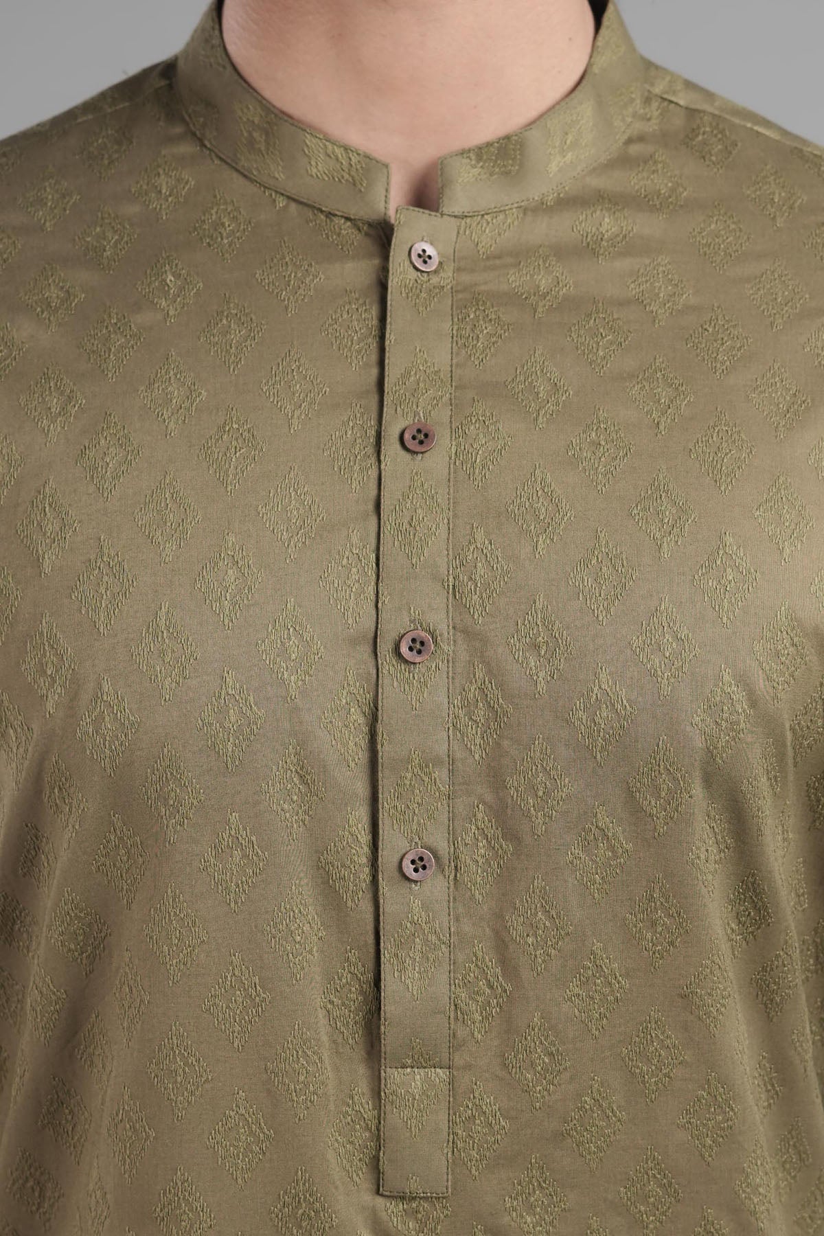 Olive Green Embroidered Egyptian Cotton Kurta (1-Pc) - Image 1