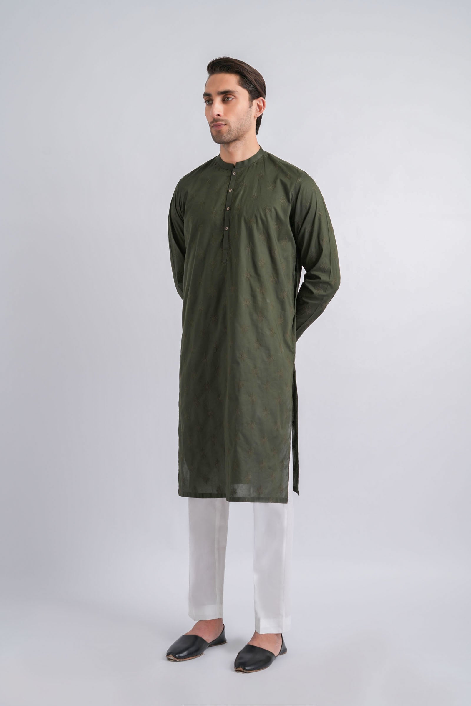 Olive Green Embroidered Egyptian Cotton Kurta (2-Piece) - Image 1