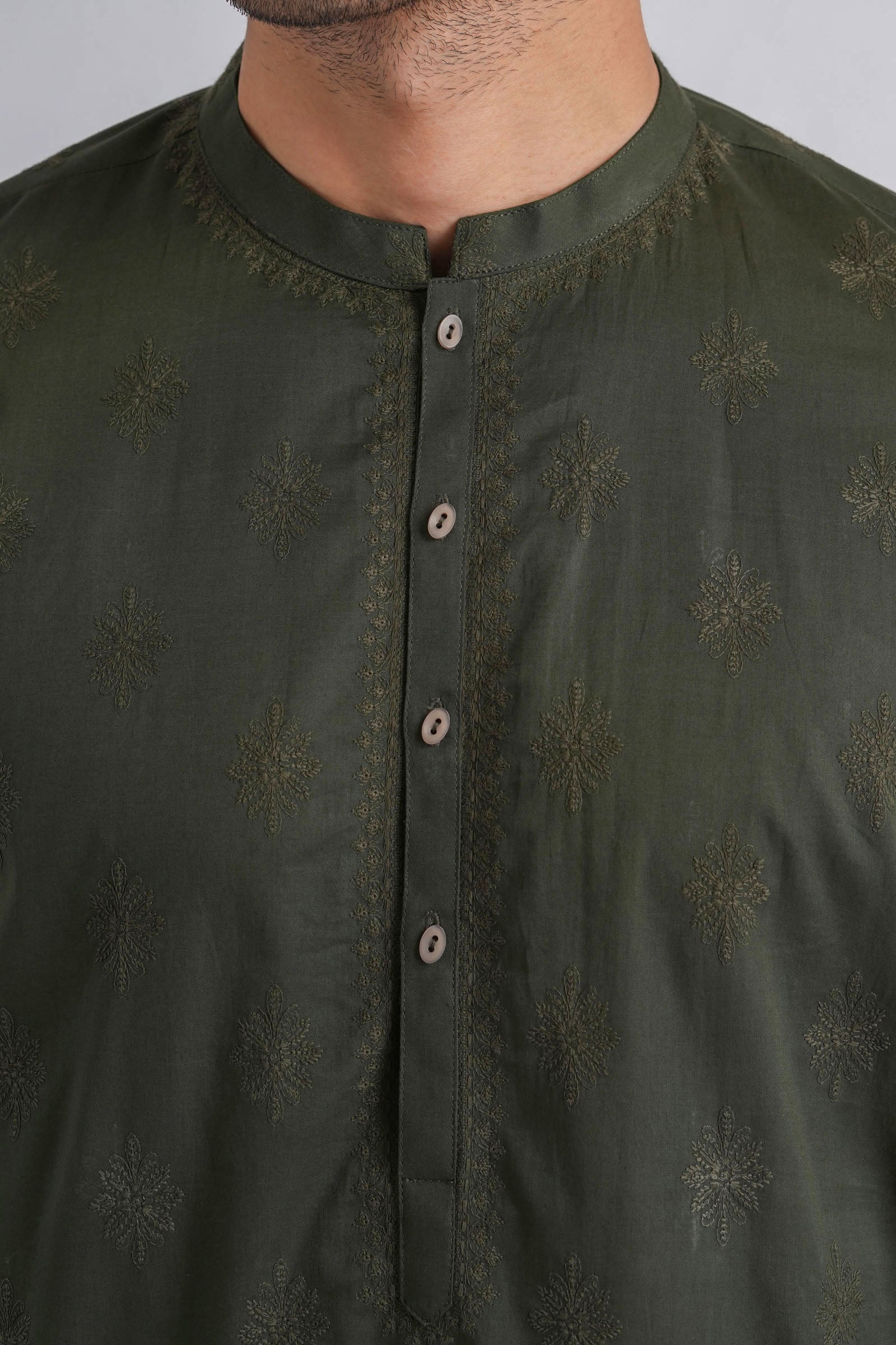 Olive Green Embroidered Egyptian Cotton Kurta (2-Piece) - Image 2