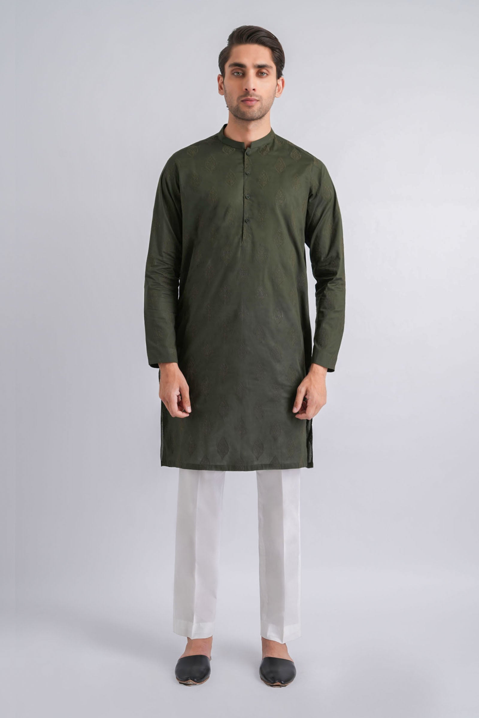 Olive Green Embroidered Egyptian Cotton Kurta (2-Piece) - Image 3