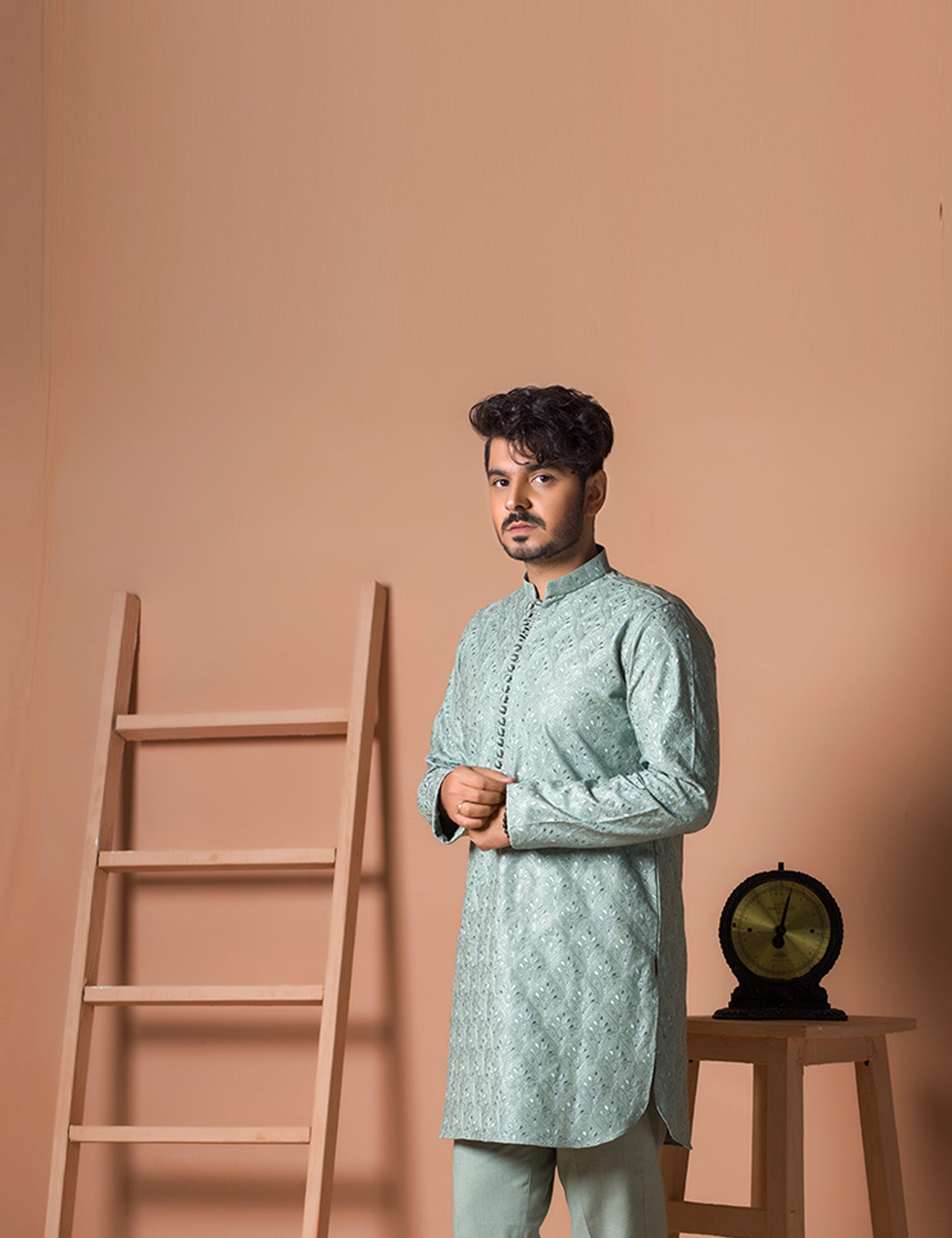 Light Green Embroidered Karandi Kurta (2-Piece) - Image 2