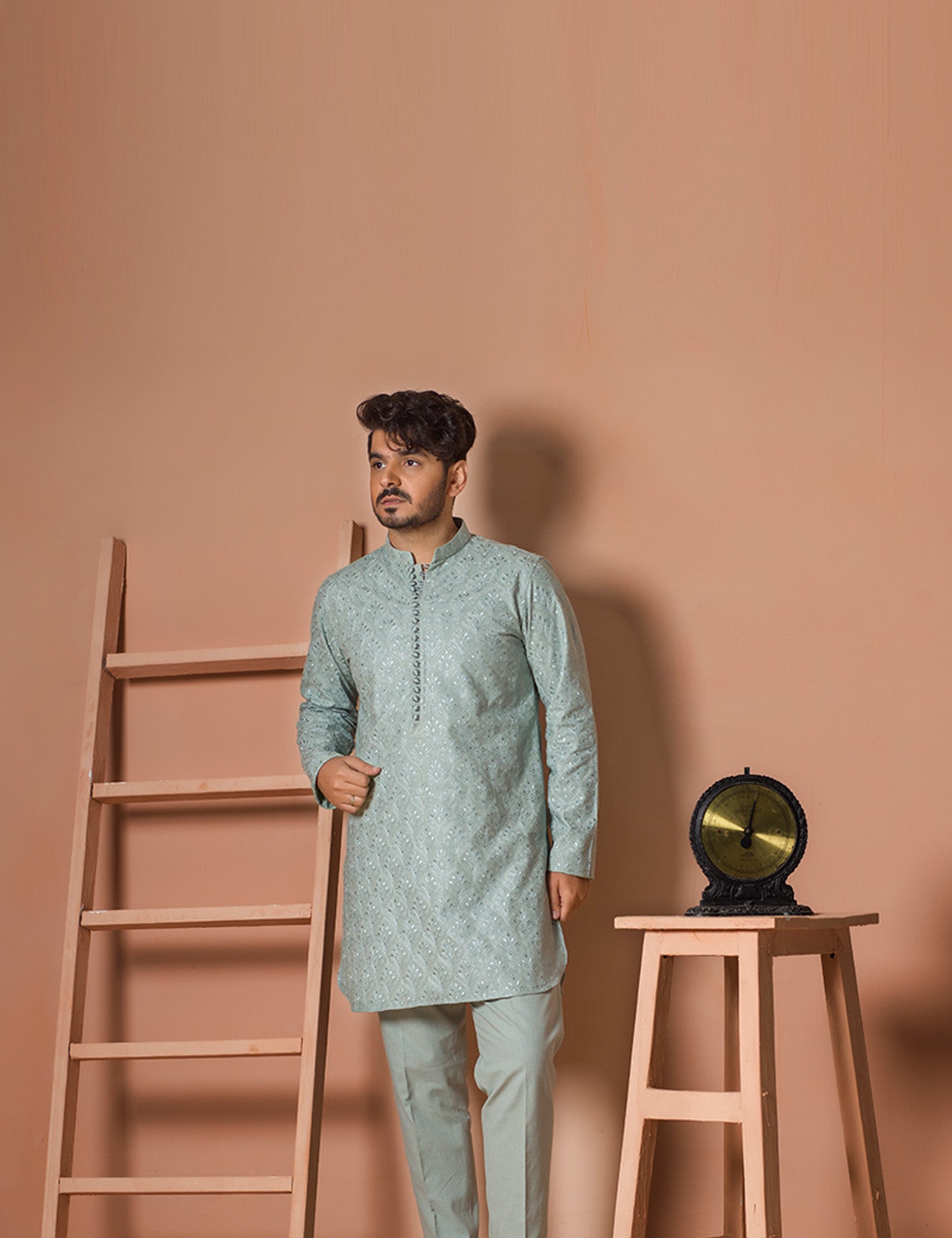 Light Green Embroidered Karandi Kurta (2-Piece) - Image 3