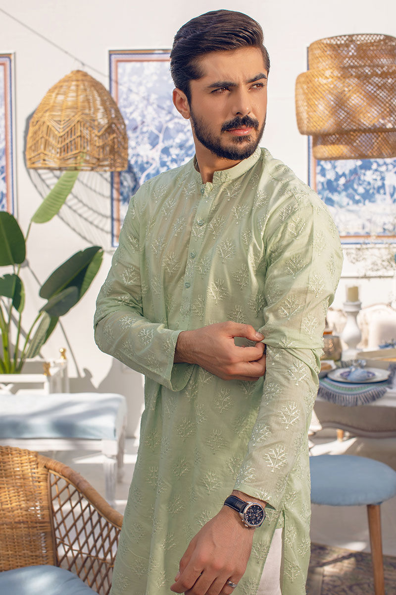 Mint Schiffli Embroidered Lawn Kurta (2-Piece) - Image 1