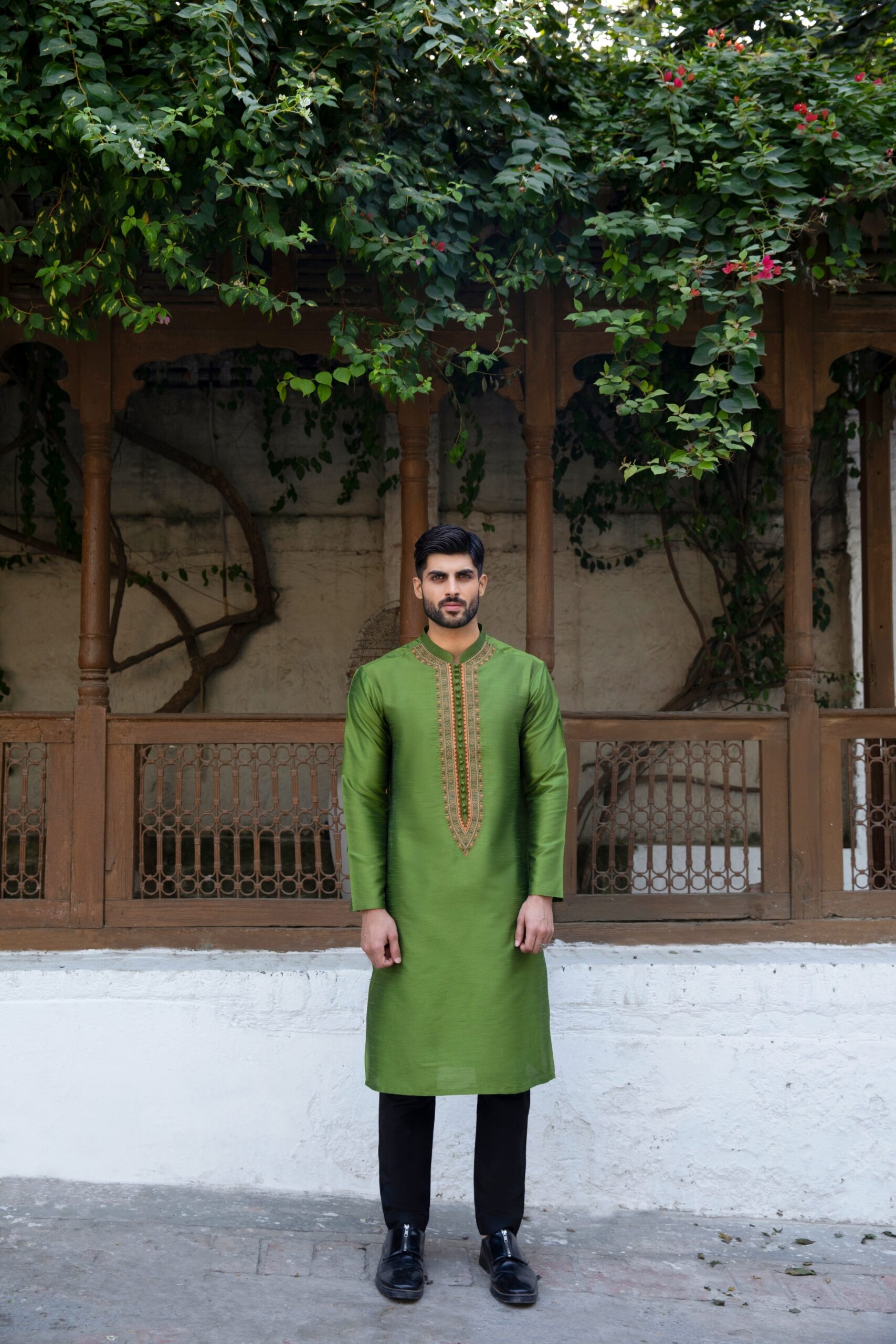 Dark Green Embroidered Synthetic Raw Silk Kurta (1-Pc) - Image 1