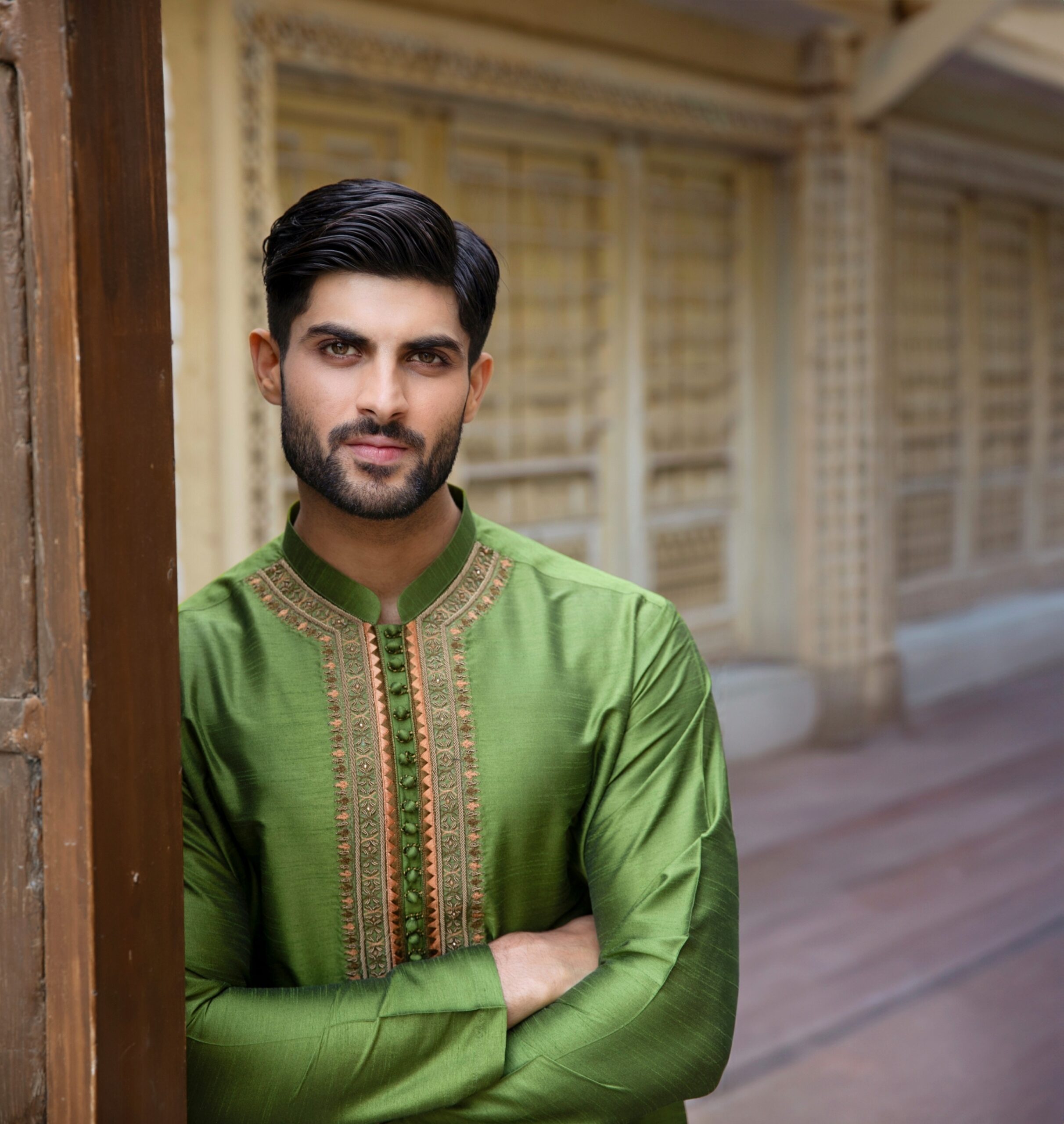 Dark Green Embroidered Synthetic Raw Silk Kurta (1-Pc) - Image 2
