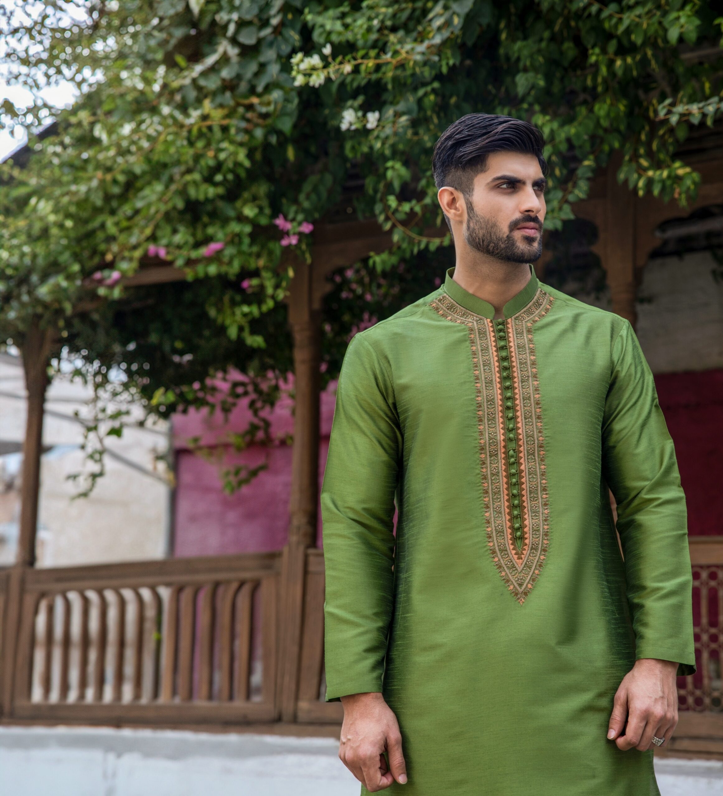 Dark Green Embroidered Synthetic Raw Silk Kurta (1-Pc) - Image 3