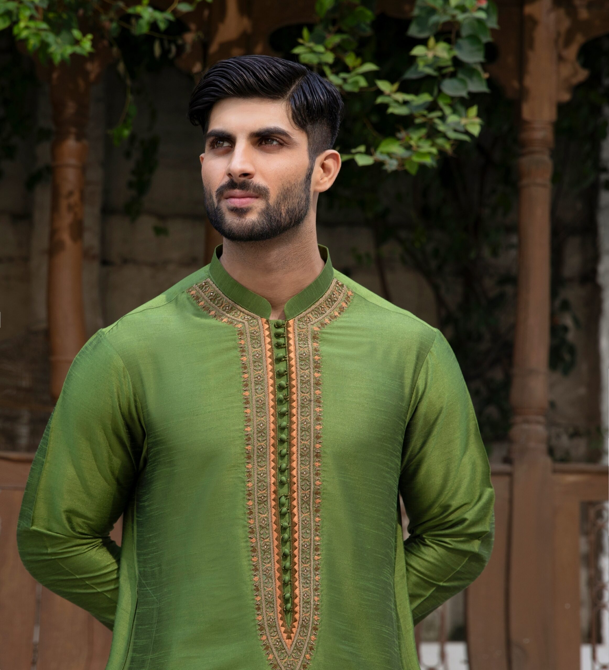 Dark Green Embroidered Synthetic Raw Silk Kurta (1-Pc) - Image 4