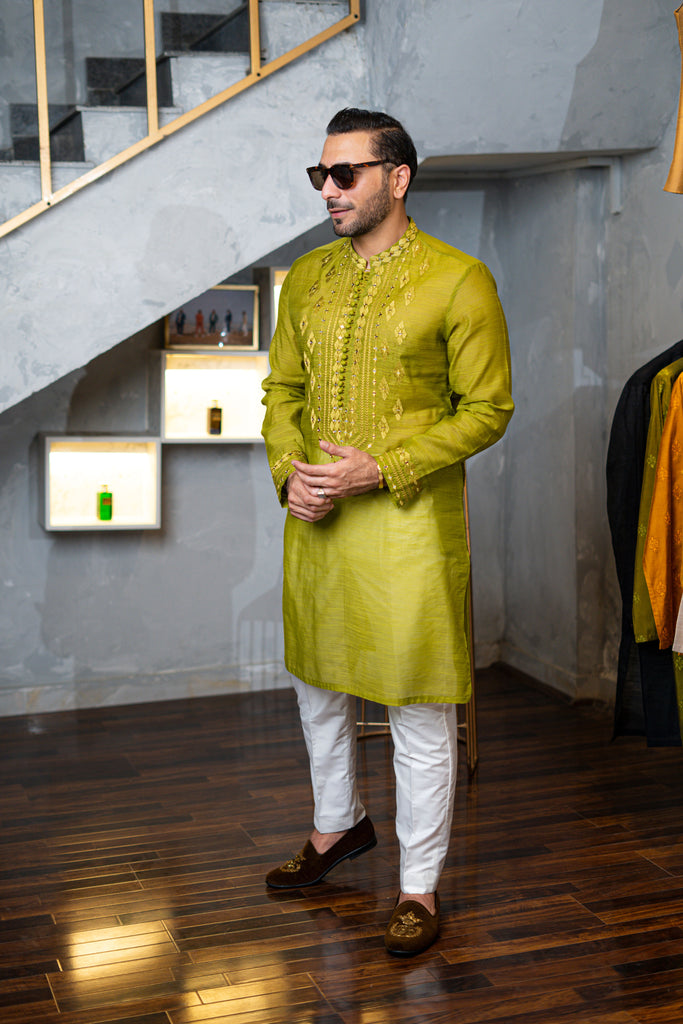 Pallet Green Embroidered Silk-Blend Kurta Pajama (2-Piece) - Image 1