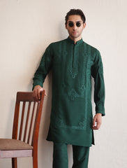 Emerald Green Embroidered Silk-Blend Kurta (2-Piece) - Image 2