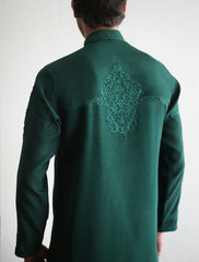 Emerald Green Embroidered Silk-Blend Kurta (2-Piece) - Image 3