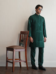 Emerald Green Embroidered Silk-Blend Kurta (2-Piece) - Image 4