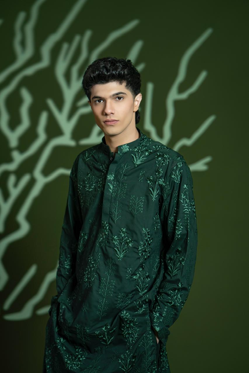 Deep Green Embroidered Wash & Wear Kurta (2-Piece) - Image 3