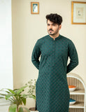 Deep Green Embroidered Wash & Wear Kurta (2-Piece) - Image 2