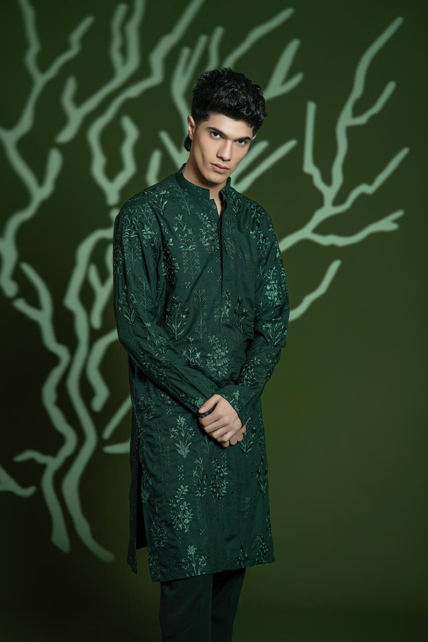 Deep Green Embroidered Wash & Wear Kurta (2-Piece) - Image 4