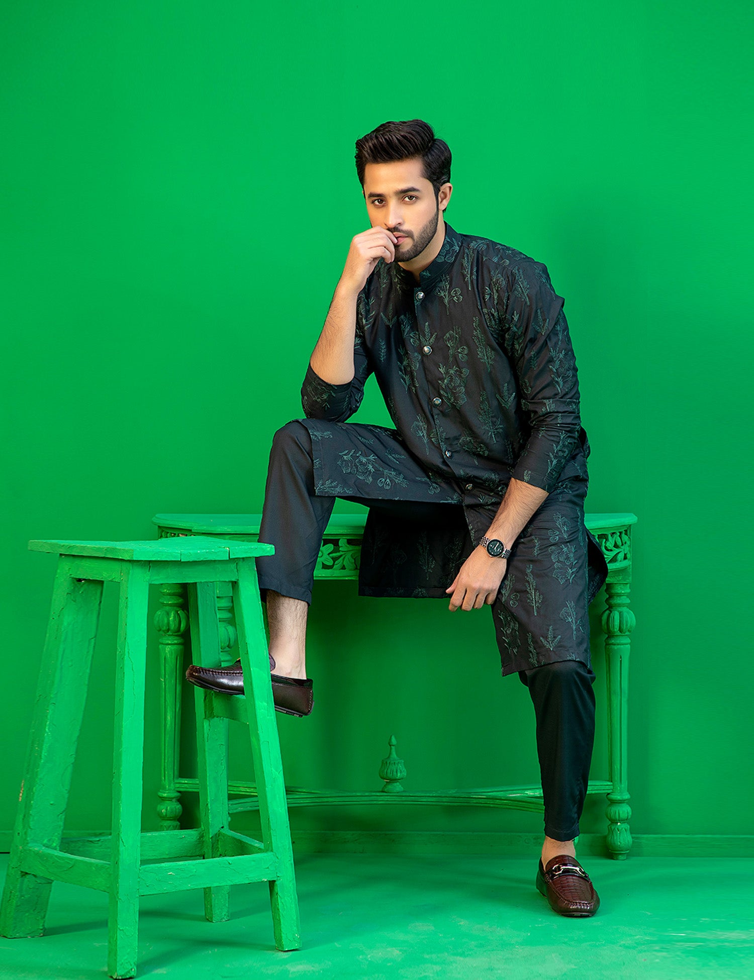 Deep Green Embroidered Washing Wear Kurta (2-Piece) - Image 2