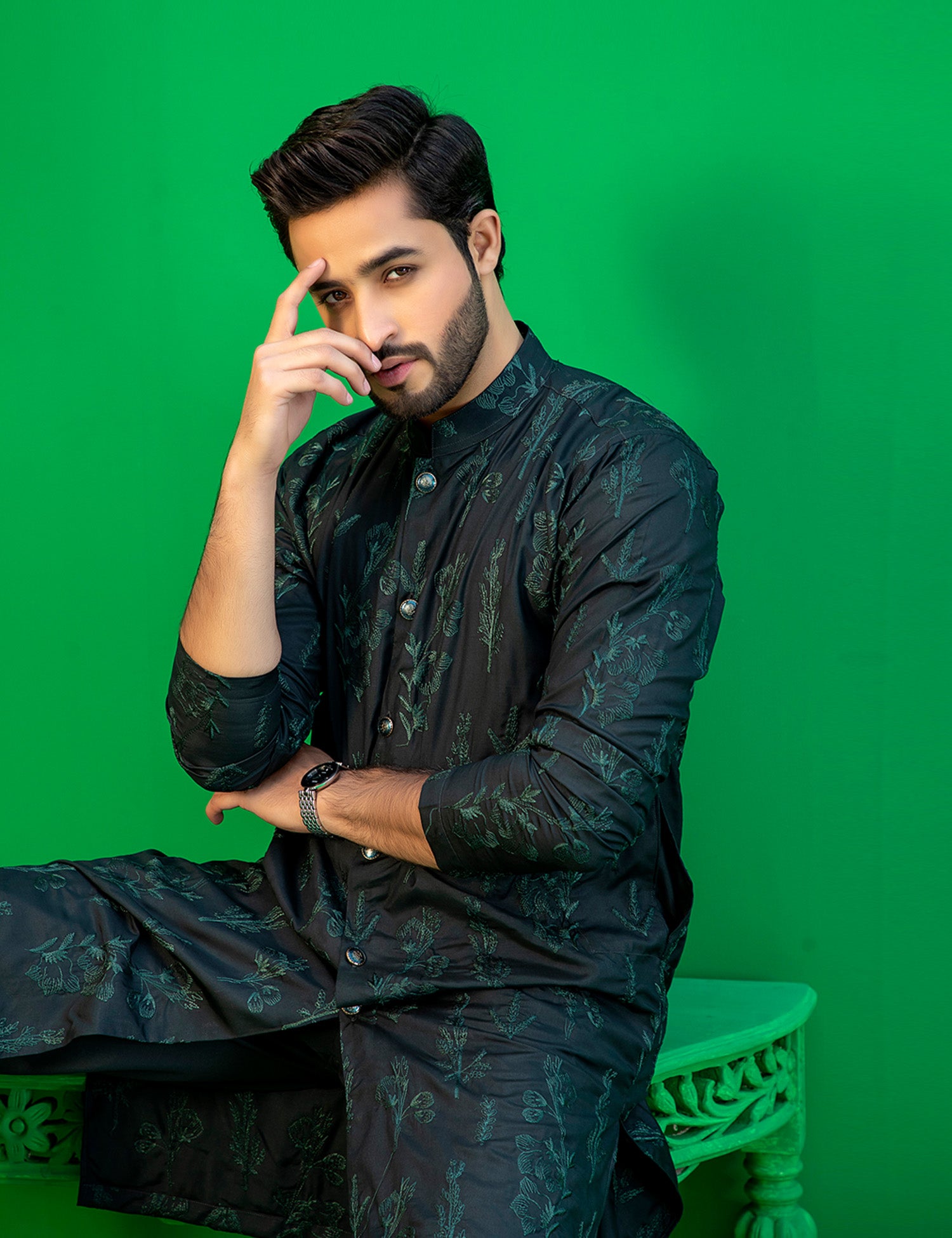 Deep Green Embroidered Washing Wear Kurta (2-Piece) - Image 3