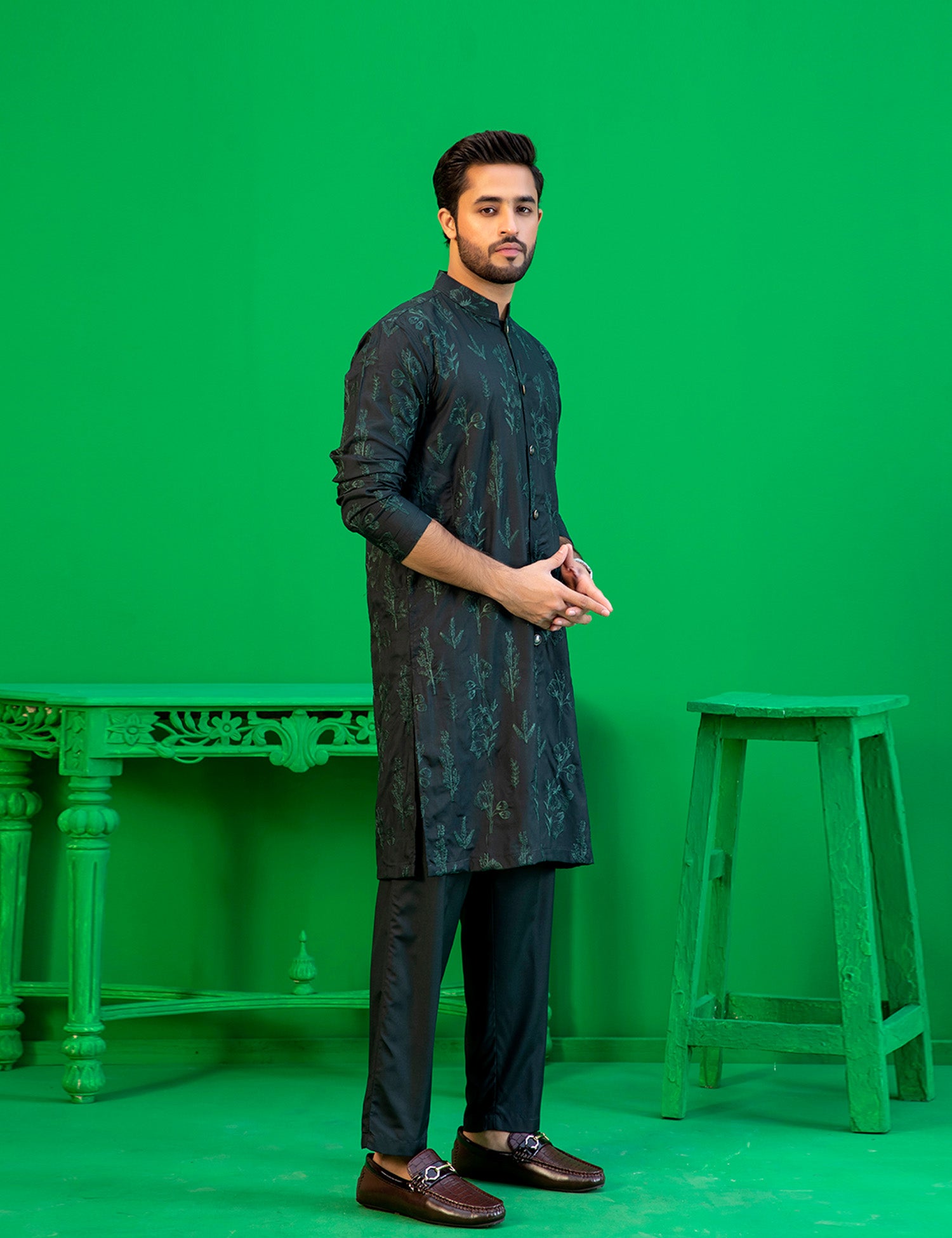 Deep Green Embroidered Washing Wear Kurta (2-Piece) - Image 4