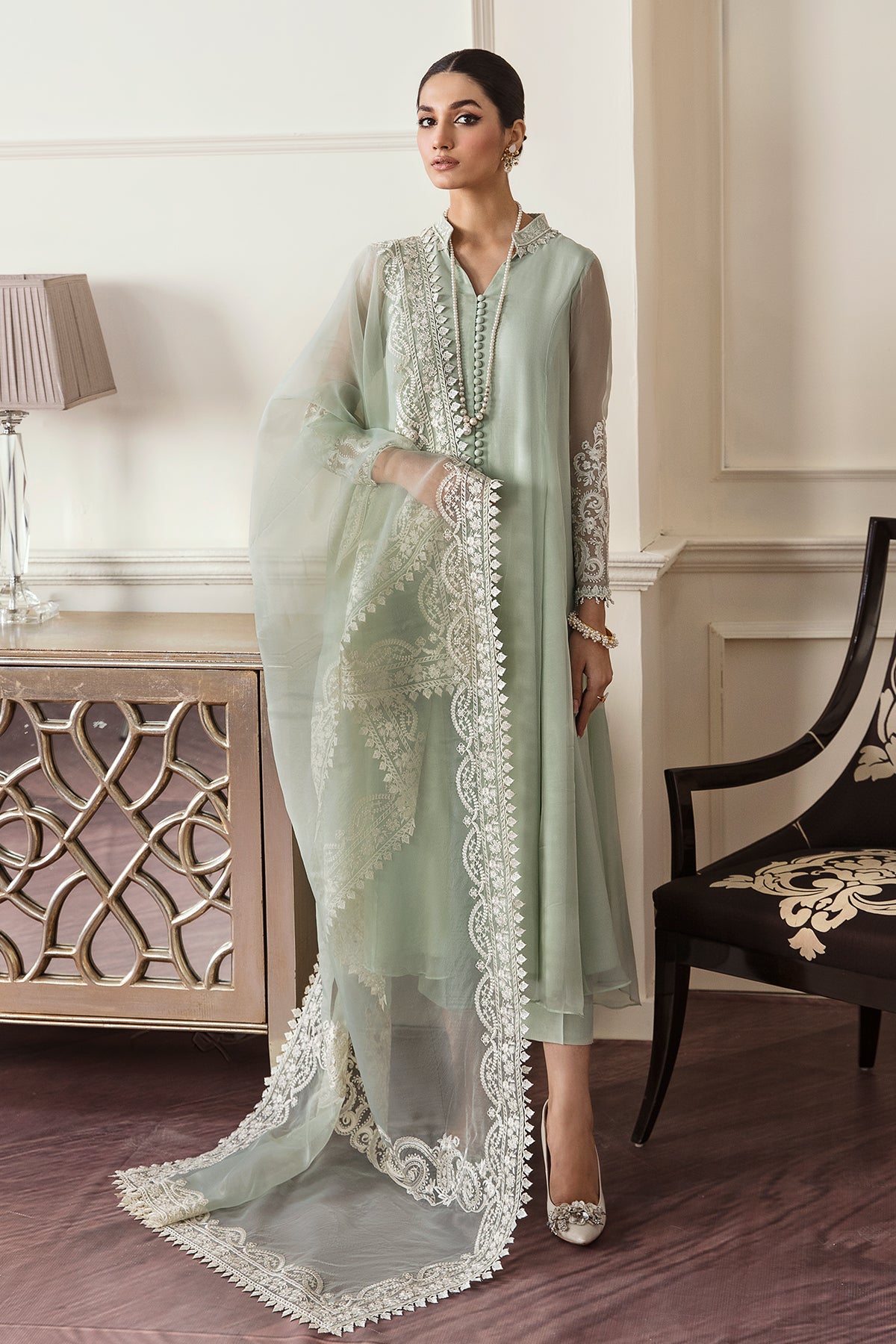 Pistachio Embroidered Chiffon Frock (3-Piece) - Image 1