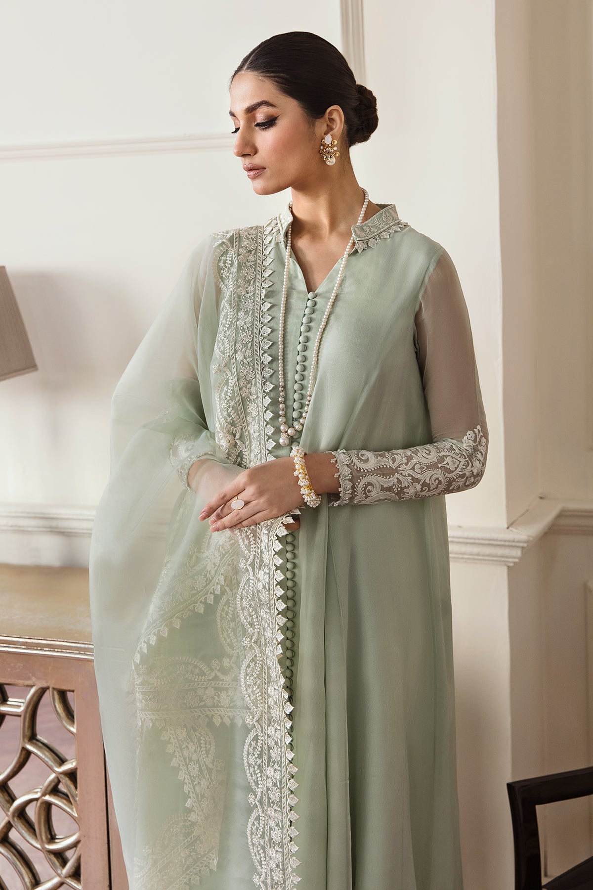 Pistachio Embroidered Chiffon Frock (3-Piece) - Image 3