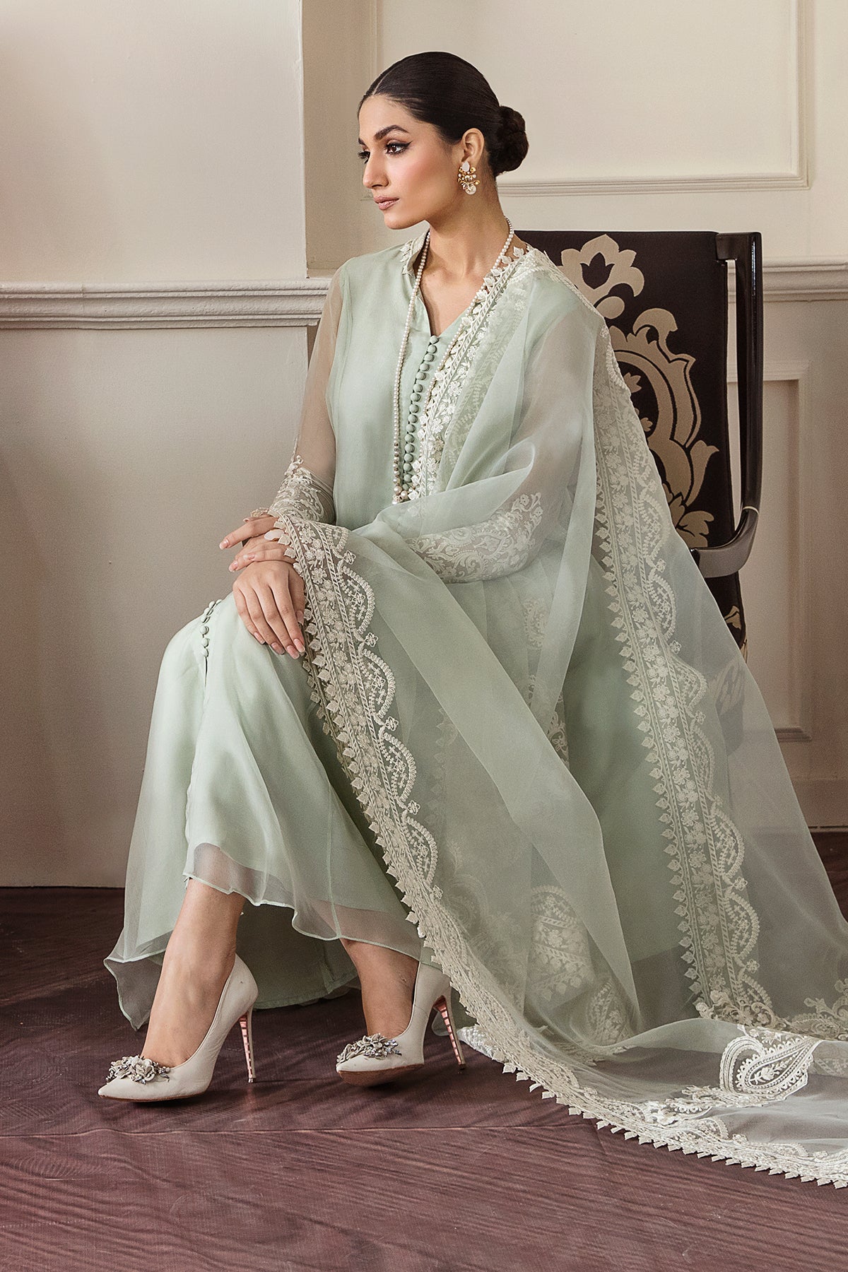 Pistachio Embroidered Chiffon Frock (3-Piece) - Image 5
