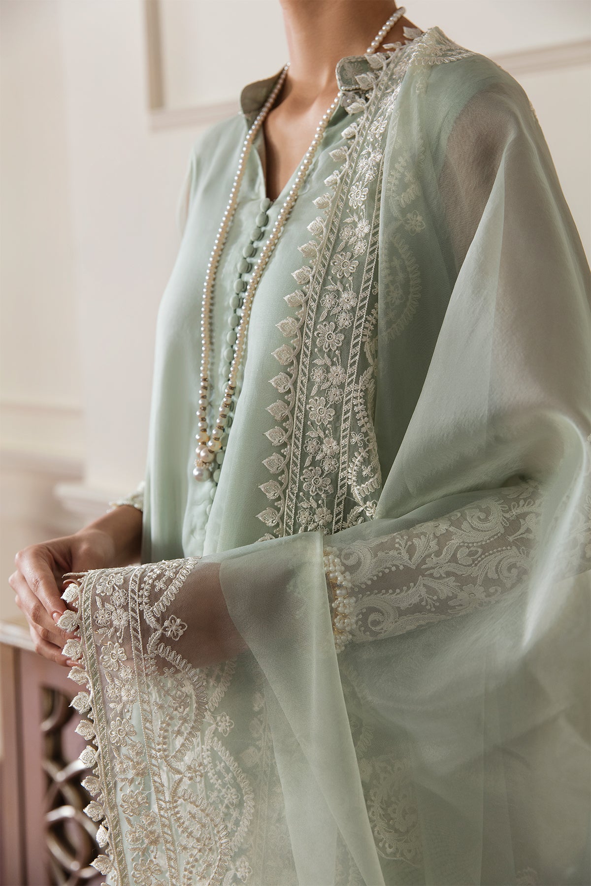 Pistachio Embroidered Chiffon Frock (3-Piece) - Image 6