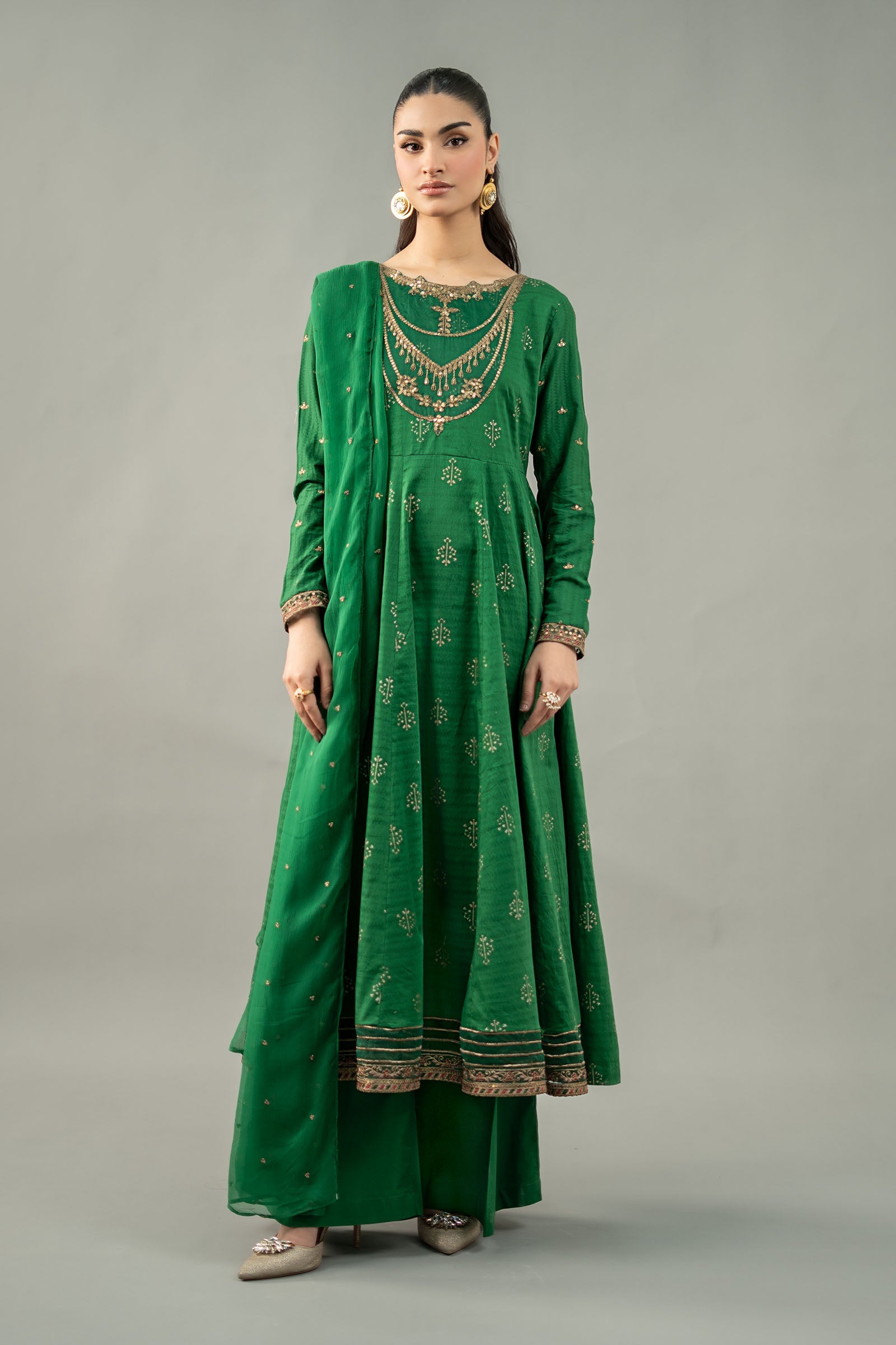 Pakistani Emerald Green Embroidered Lawn Frock (3-Piece) - Image 1