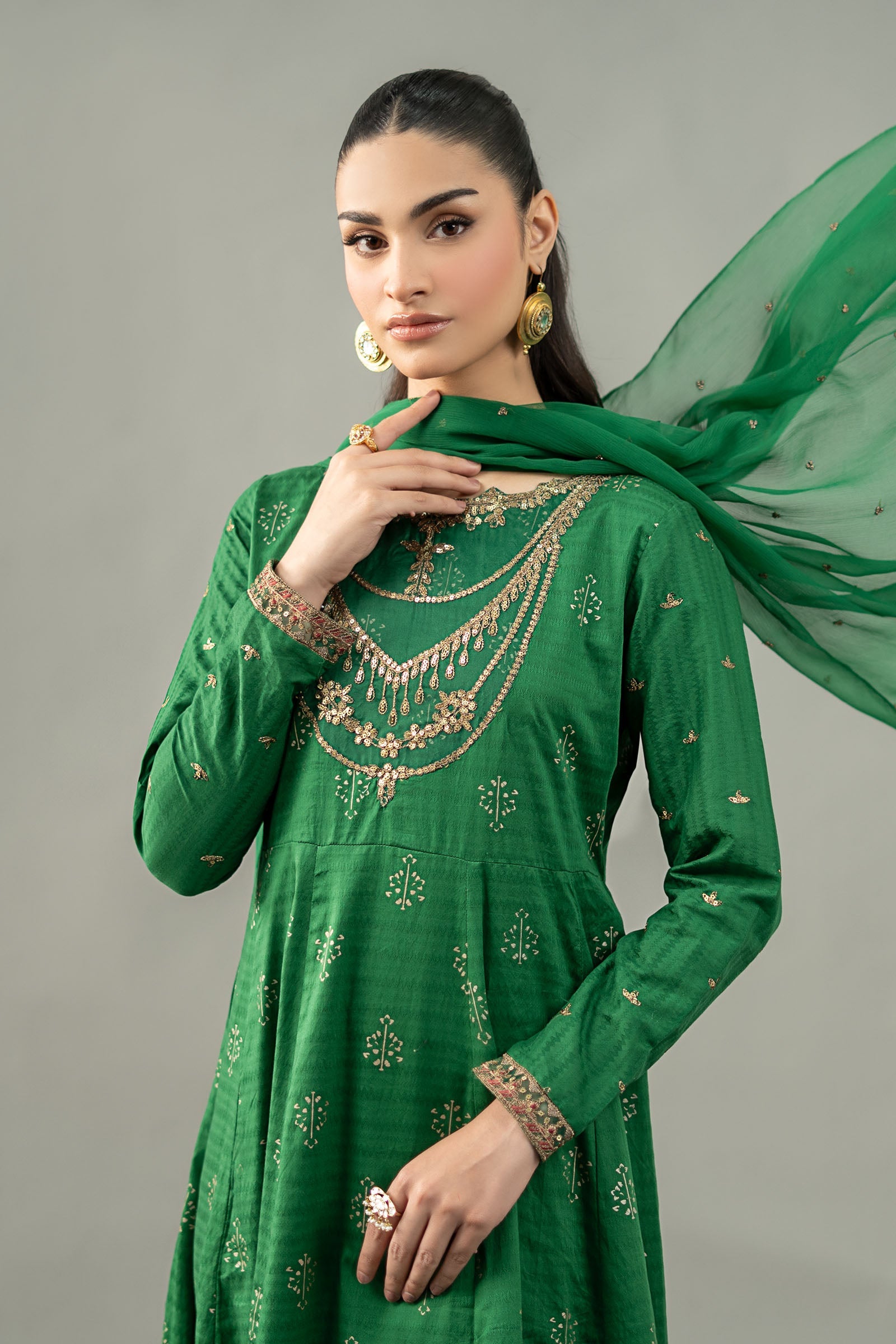 Pakistani Emerald Green Embroidered Lawn Frock (3-Piece) - Image 2