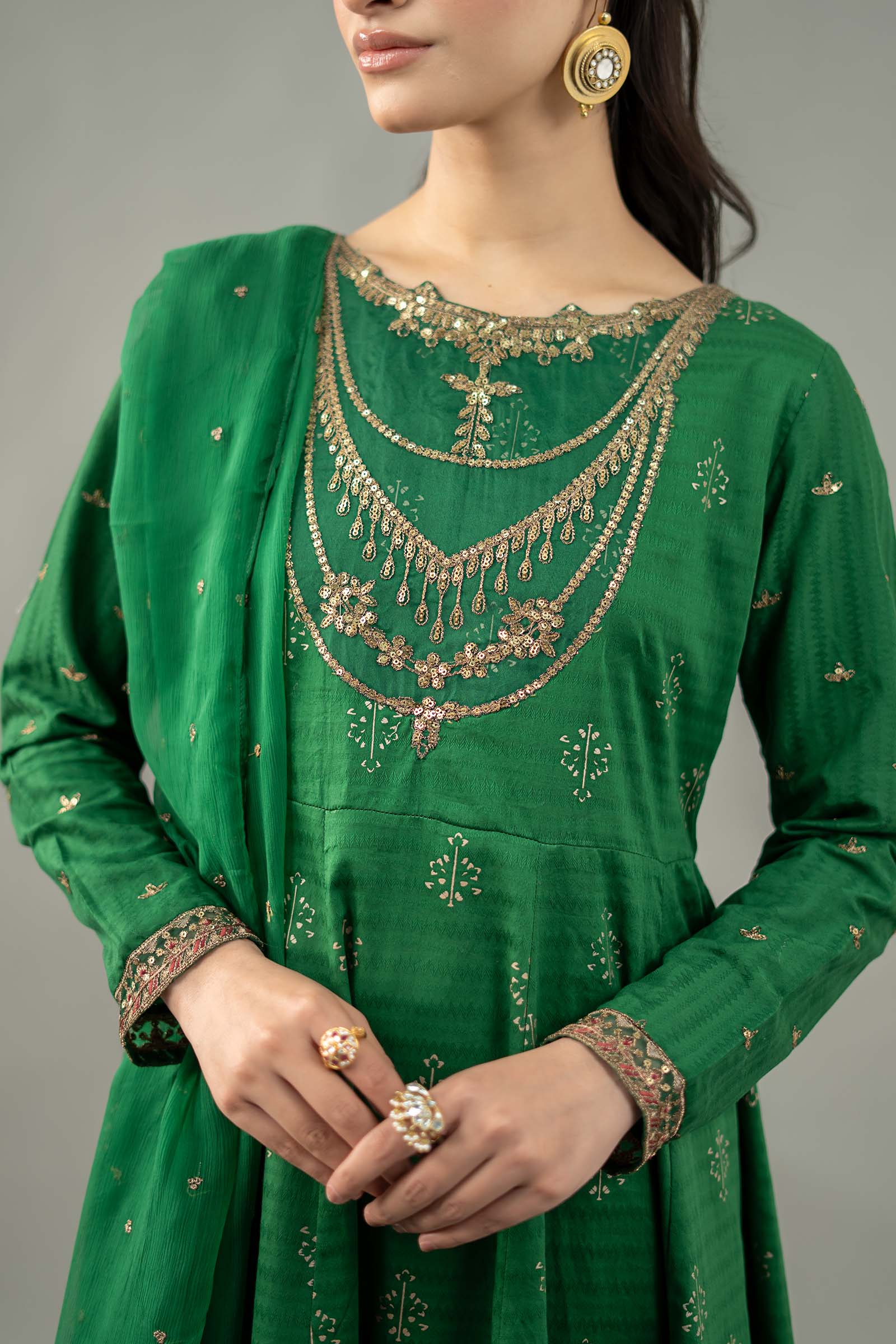 Pakistani Emerald Green Embroidered Lawn Frock (3-Piece) - Image 3