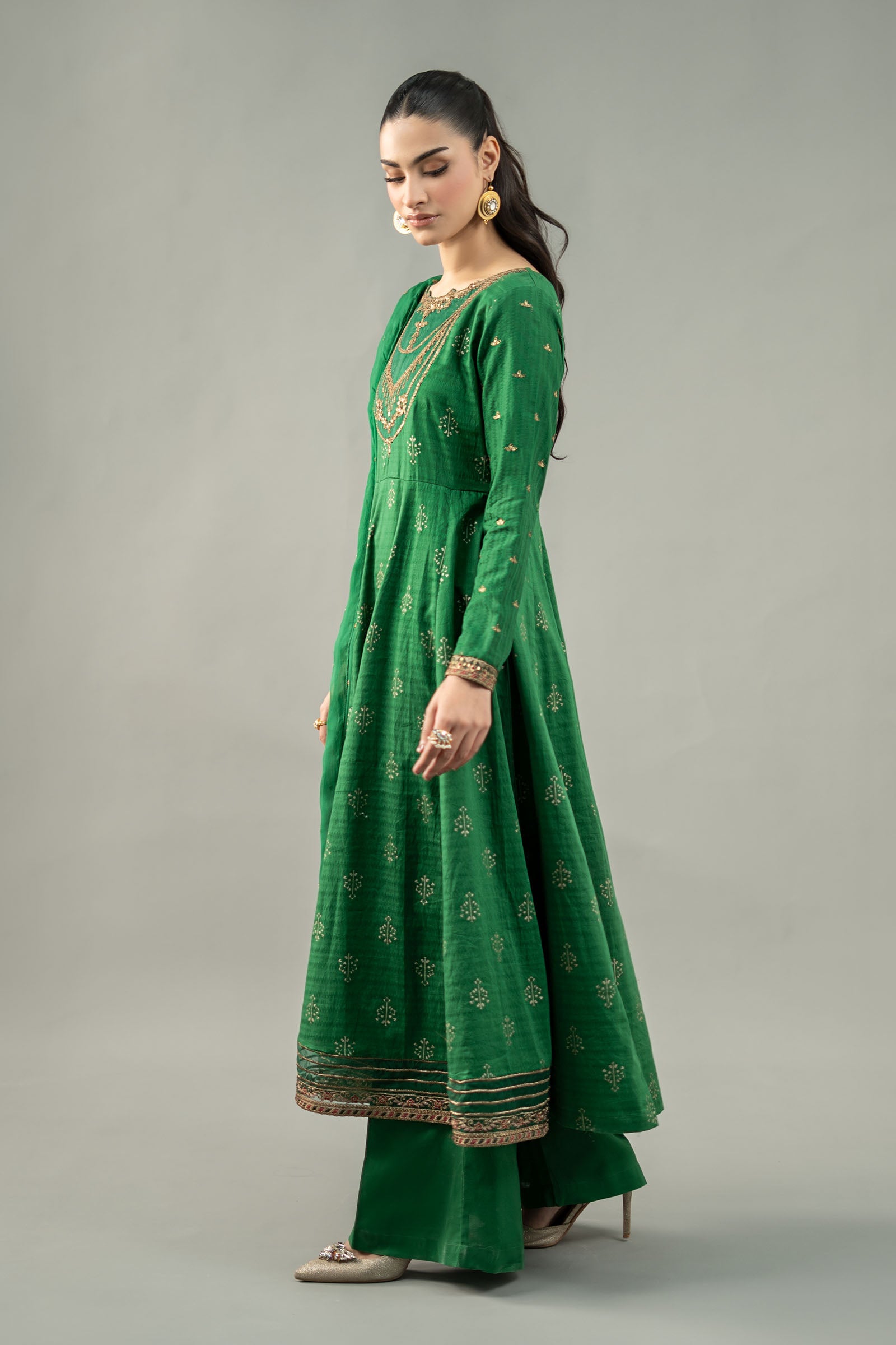 Pakistani Emerald Green Embroidered Lawn Frock (3-Piece) - Image 5