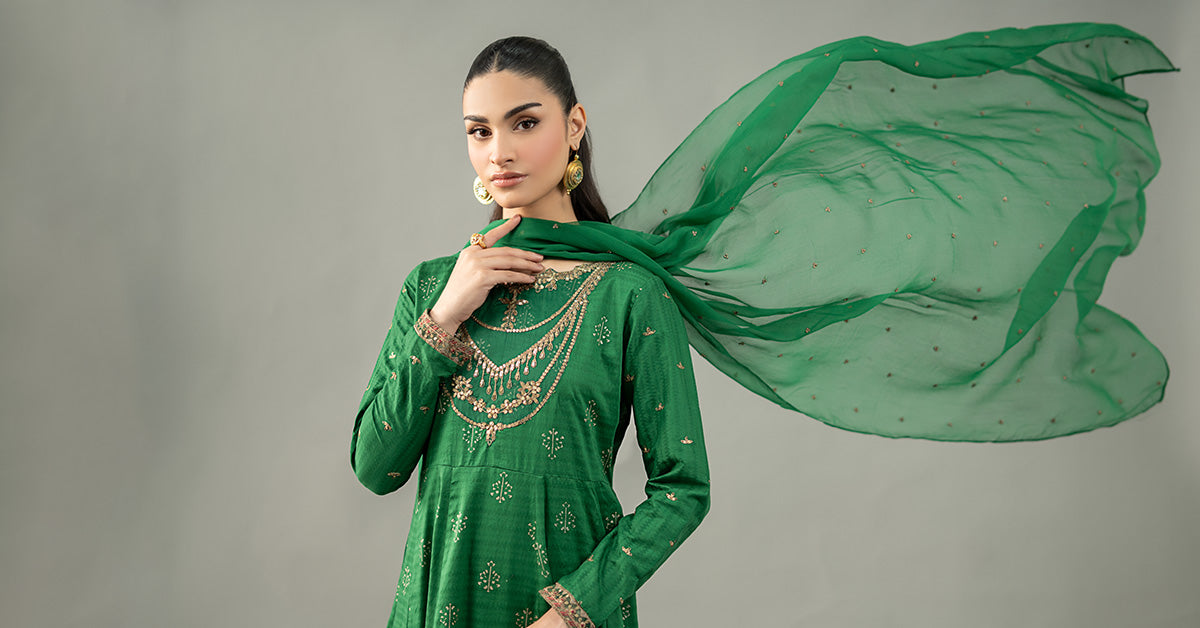 Pakistani Emerald Green Embroidered Lawn Frock (3-Piece) - Image 7