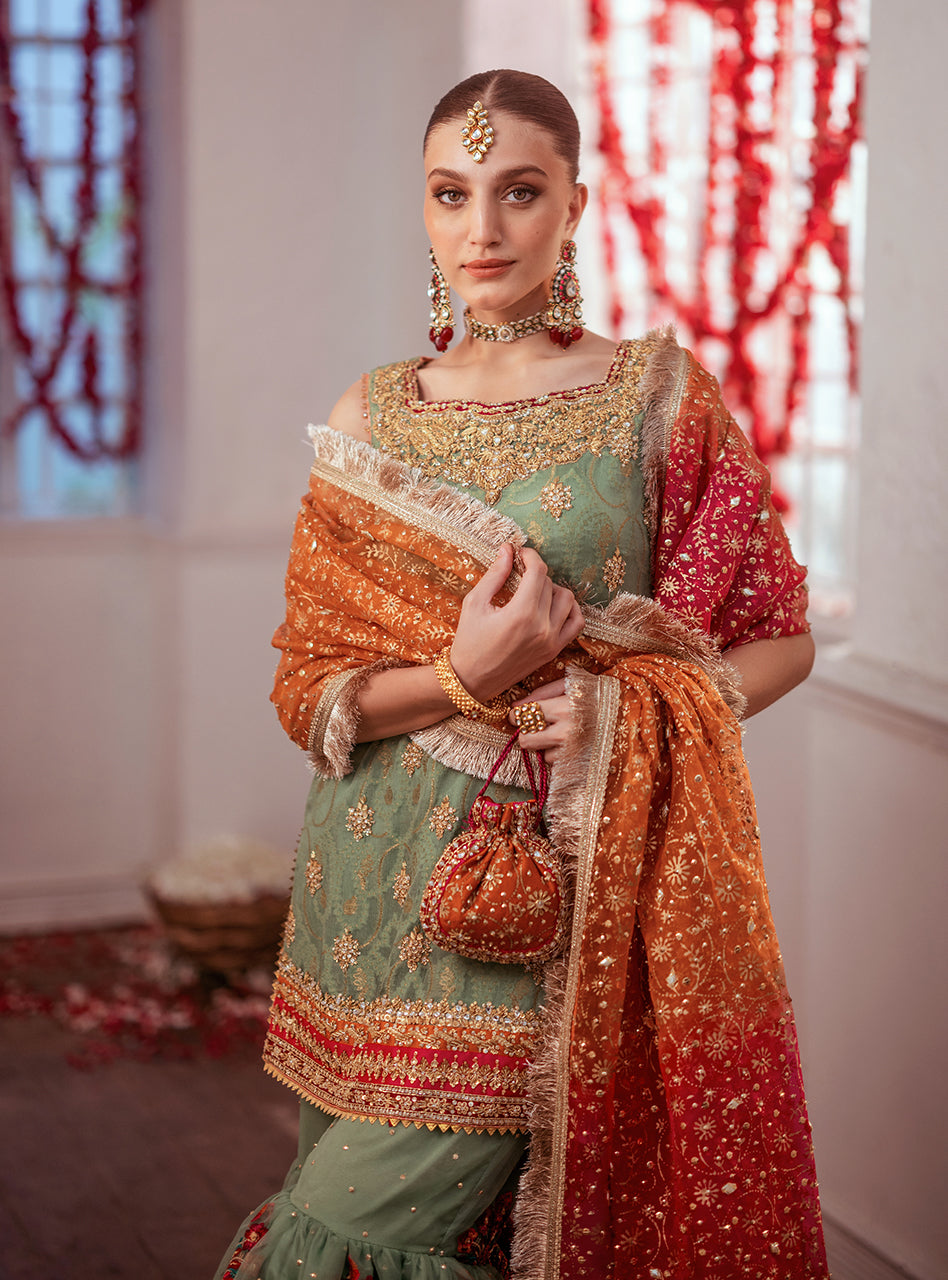 Pakistani Mint Green Embroidered Chiffon Gharara (3-Piece) - Image 10