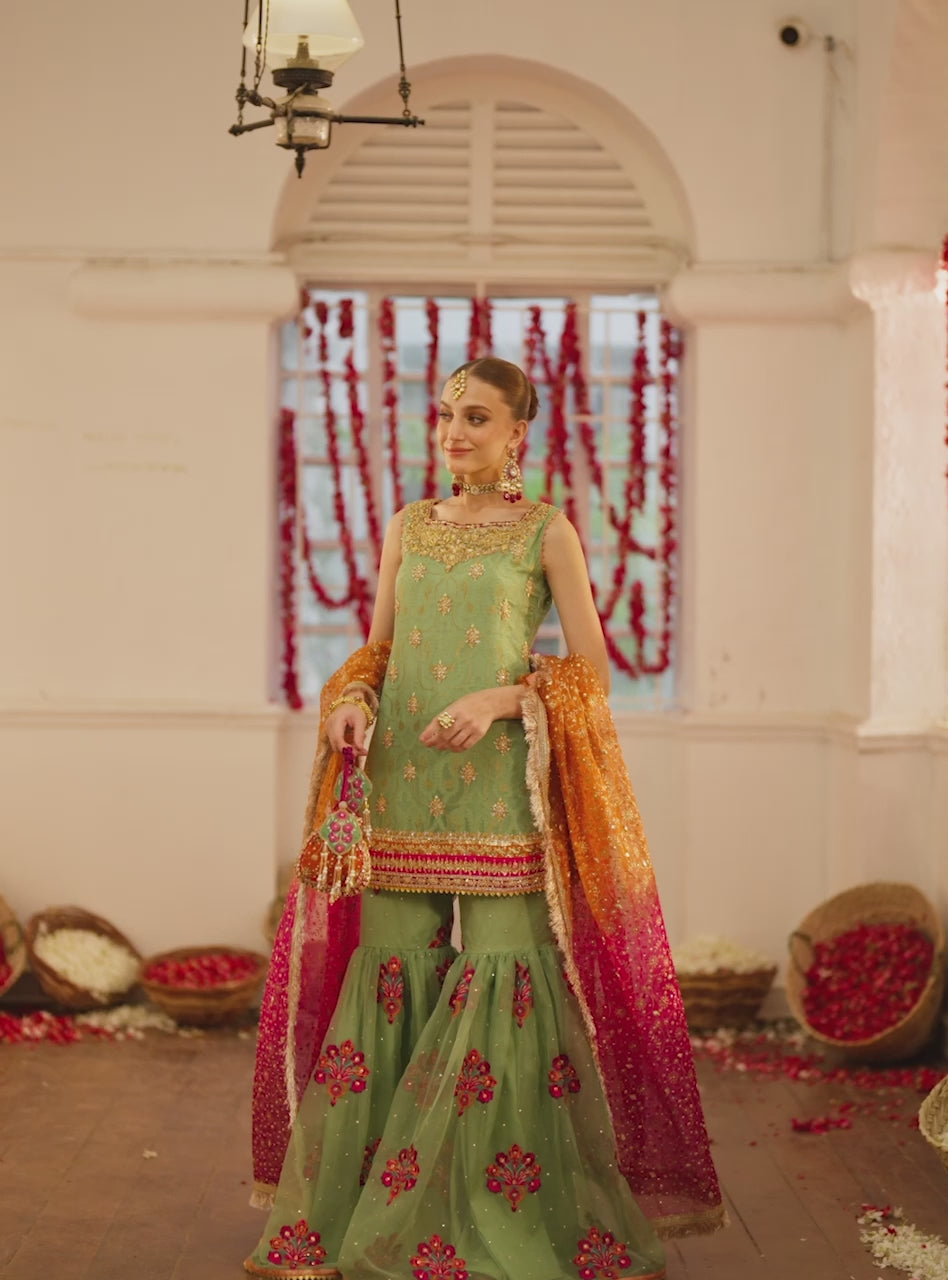 Pakistani Mint Green Embroidered Chiffon Gharara (3-Piece) - Image 11