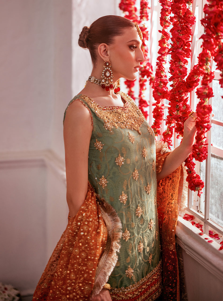 Pakistani Mint Green Embroidered Chiffon Gharara (3-Piece) - Image 12