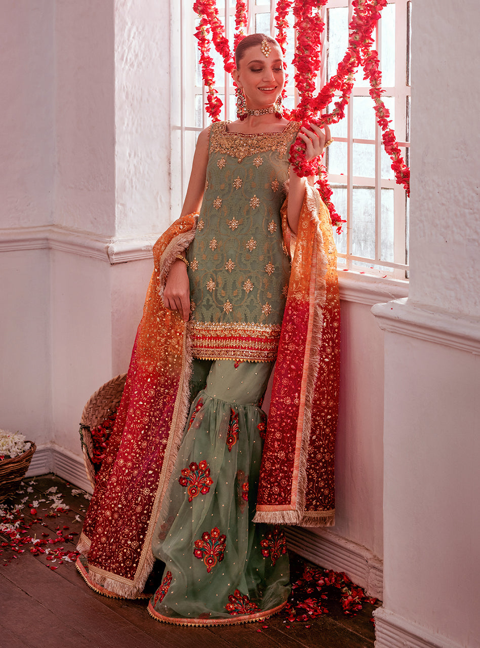 Pakistani Mint Green Embroidered Chiffon Gharara (3-Piece) - Image 13