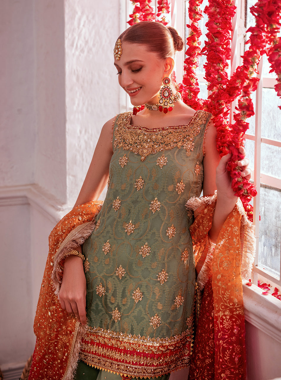 Pakistani Mint Green Embroidered Chiffon Gharara (3-Piece) - Image 14