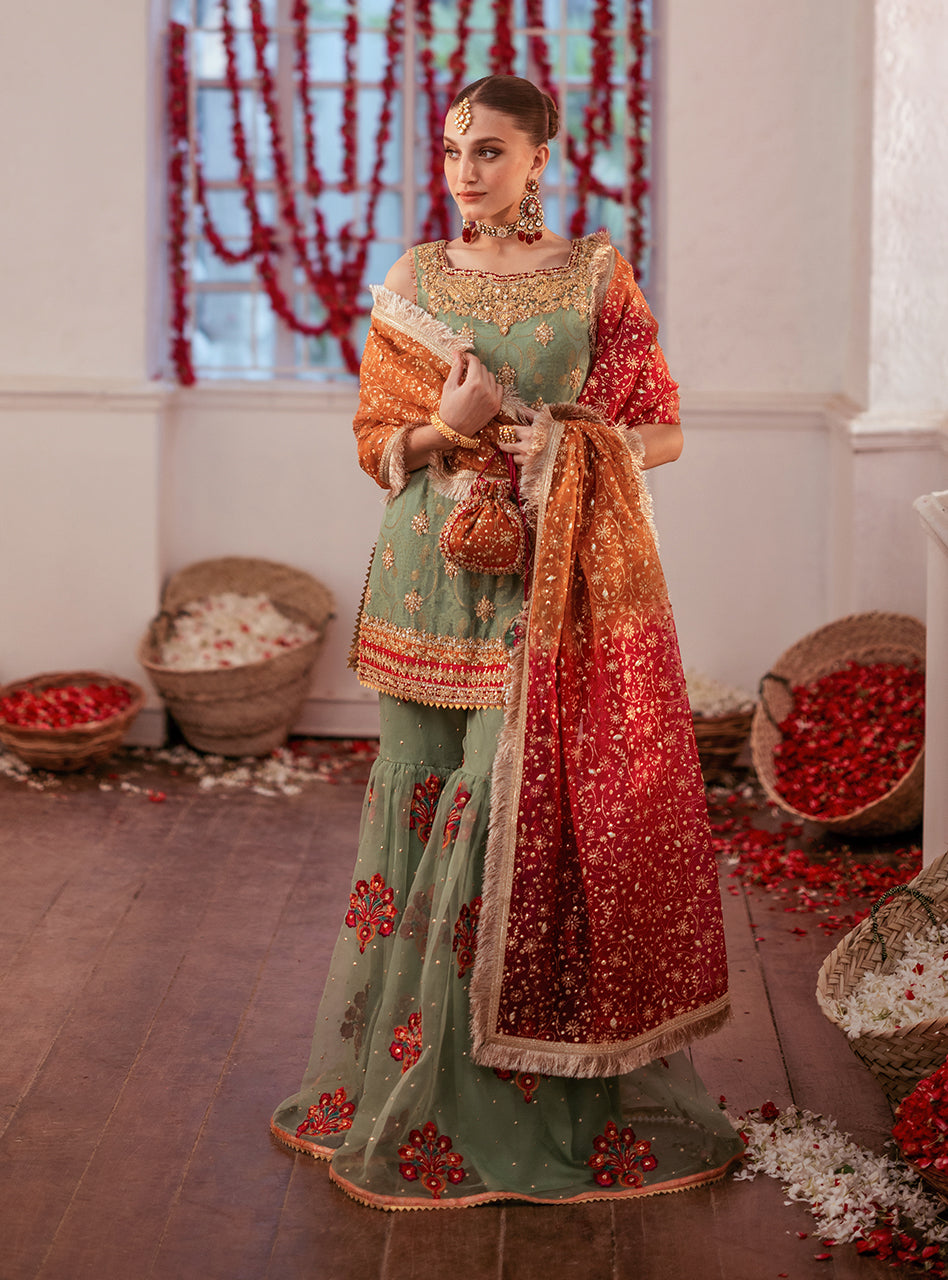 Pakistani Mint Green Embroidered Chiffon Gharara (3-Piece) - Image 2