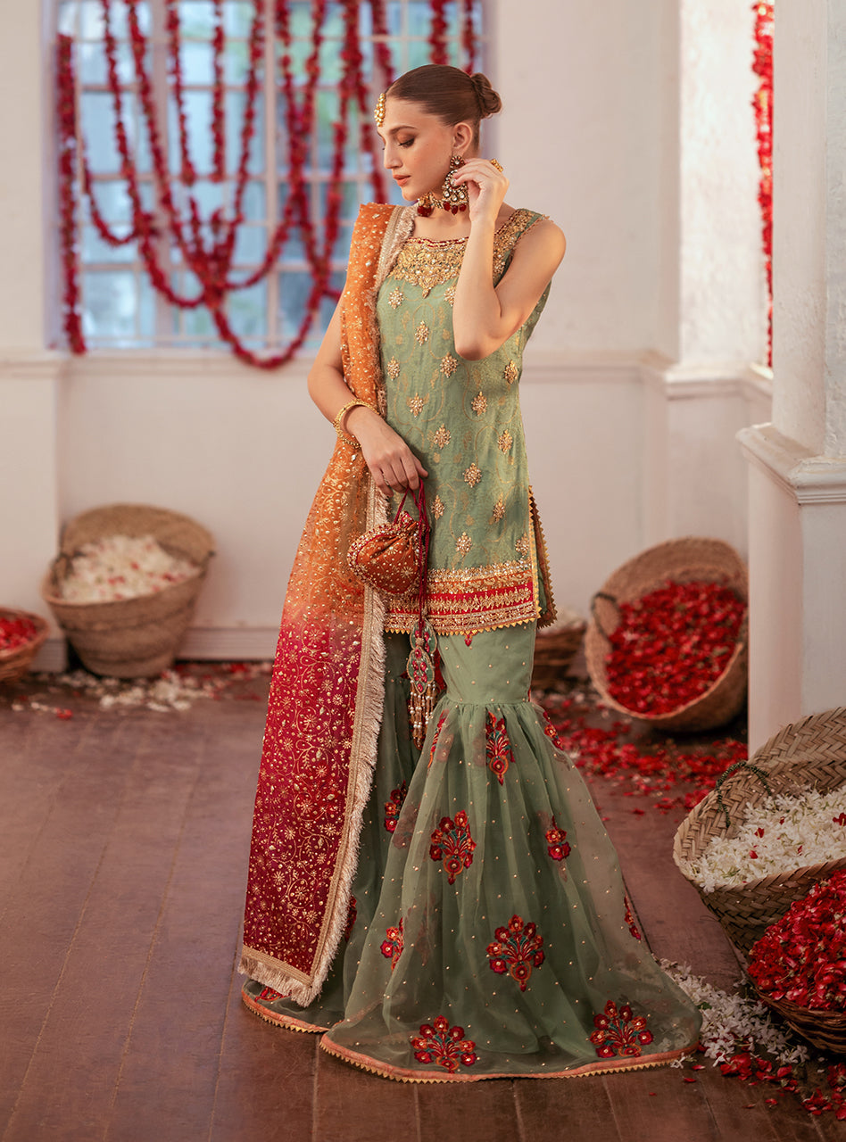 Pakistani Mint Green Embroidered Chiffon Gharara (3-Piece) - Image 3