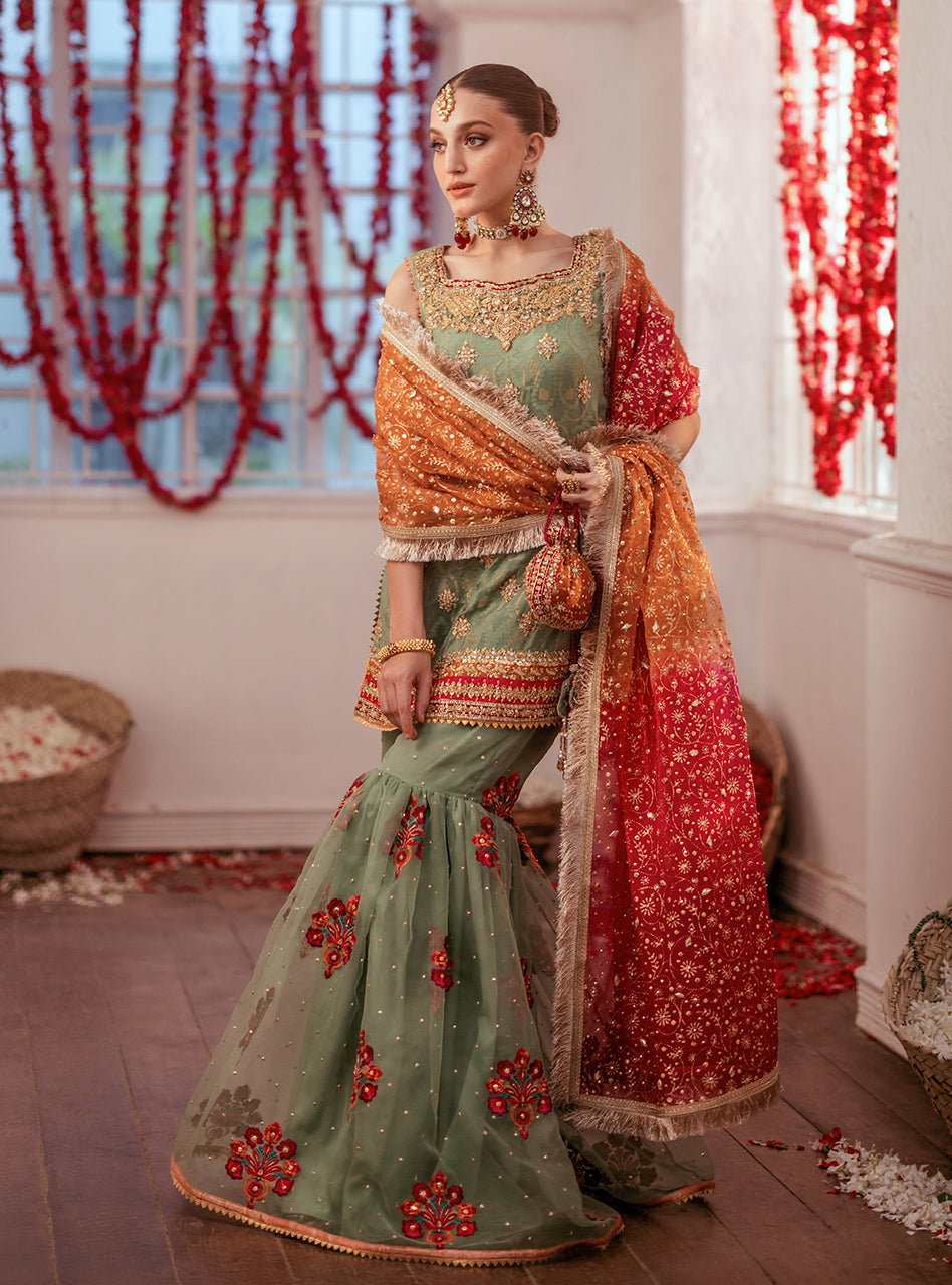 Pakistani Mint Green Embroidered Chiffon Gharara (3-Piece) - Image 4