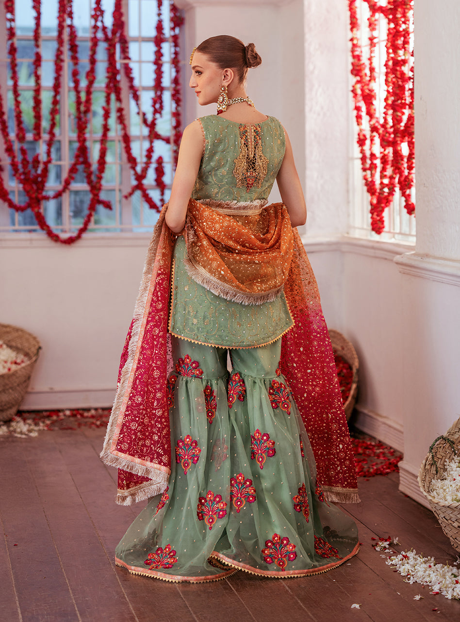 Pakistani Mint Green Embroidered Chiffon Gharara (3-Piece) - Image 5