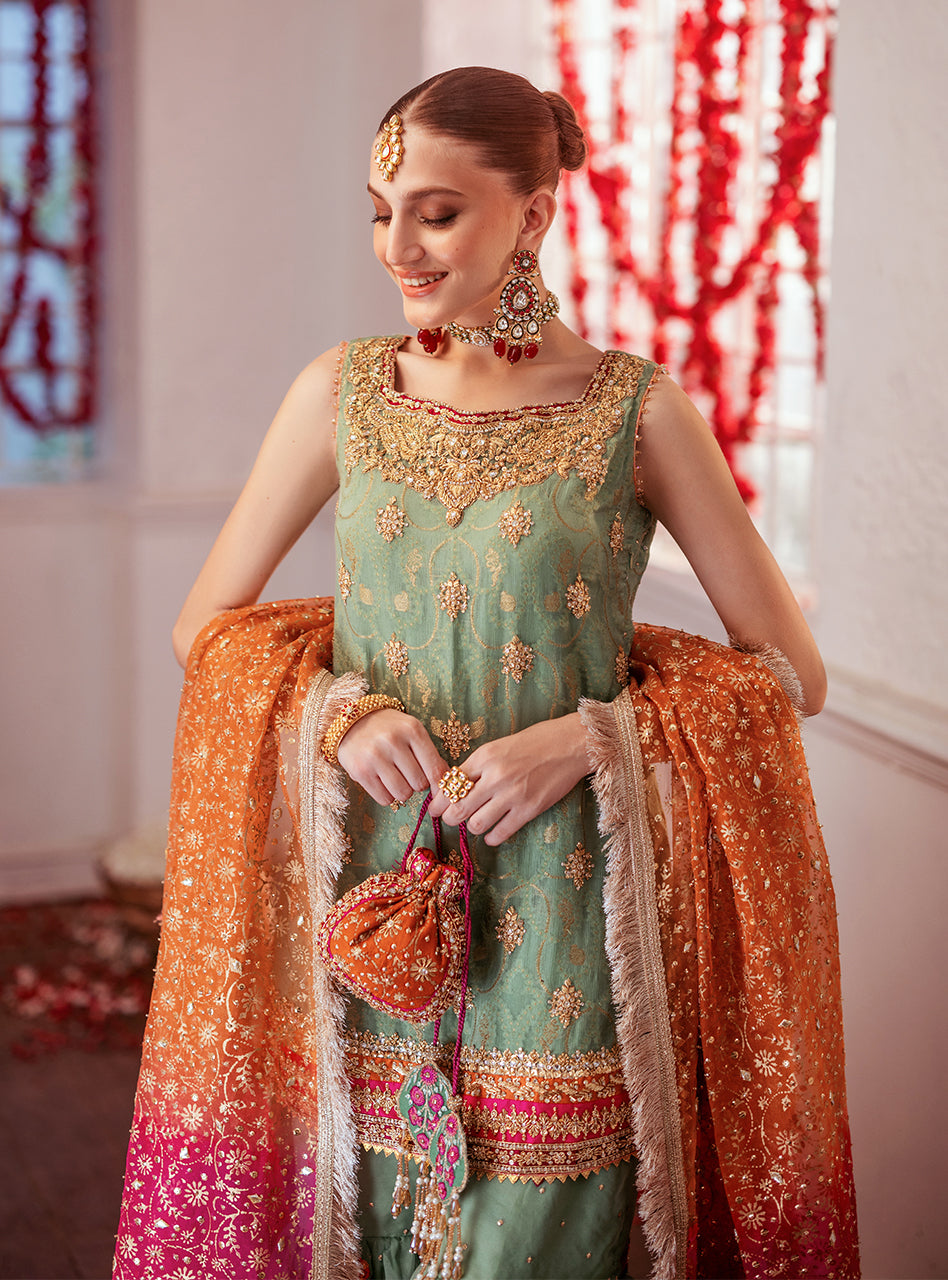 Pakistani Mint Green Embroidered Chiffon Gharara (3-Piece) - Image 6