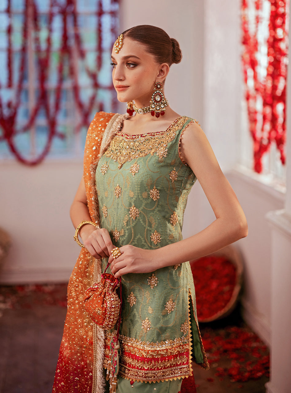 Pakistani Mint Green Embroidered Chiffon Gharara (3-Piece) - Image 7